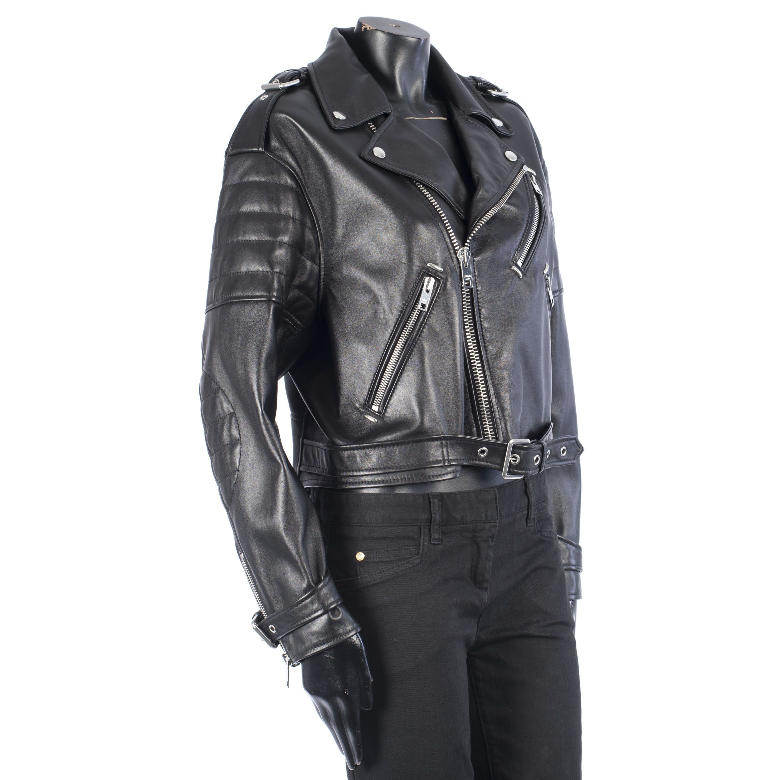 Celine Black Biker Jacket In Lambskin Leather With Padded Sleeves Size L / US 10 / IT 46 - 9 Thumbnail