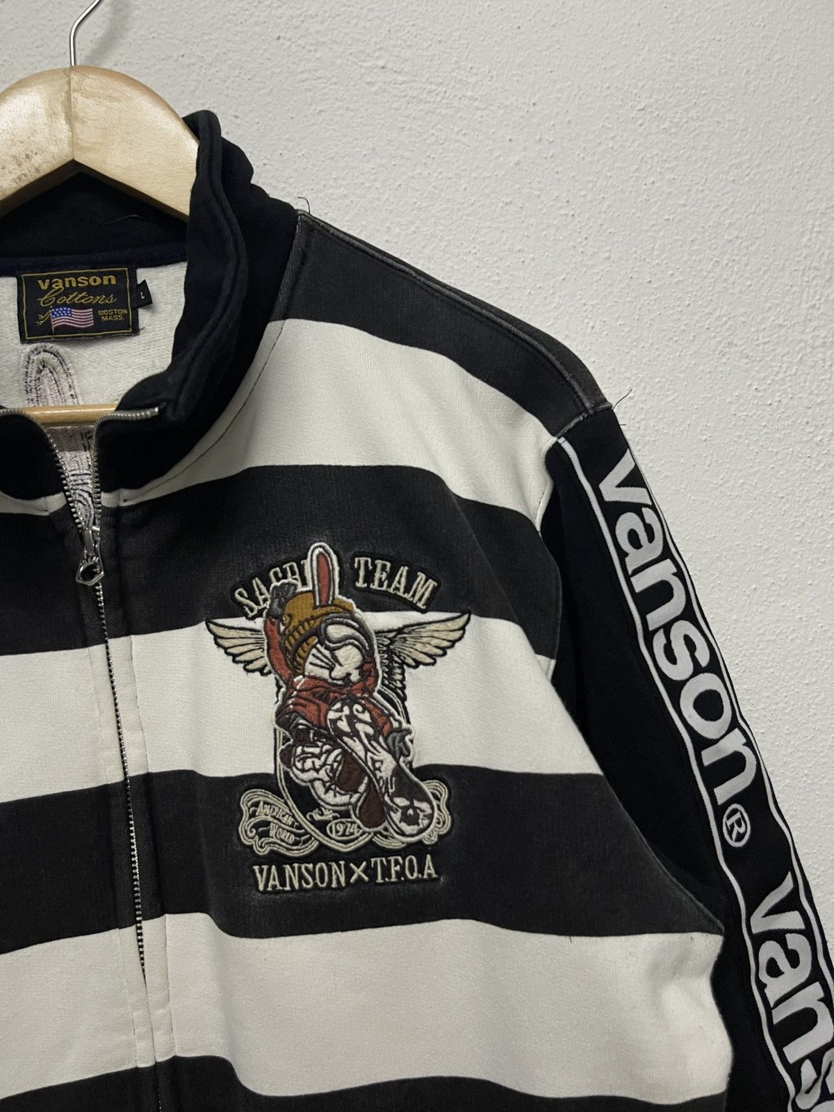 Japanese Brand × Vanson Leathers × Vintage 2000s VANSON X T.F.O.A STRIPES EMBROIDERED ZIPPER SWEATER Size US L / EU 52-54 / 3 - 6 Thumbnail