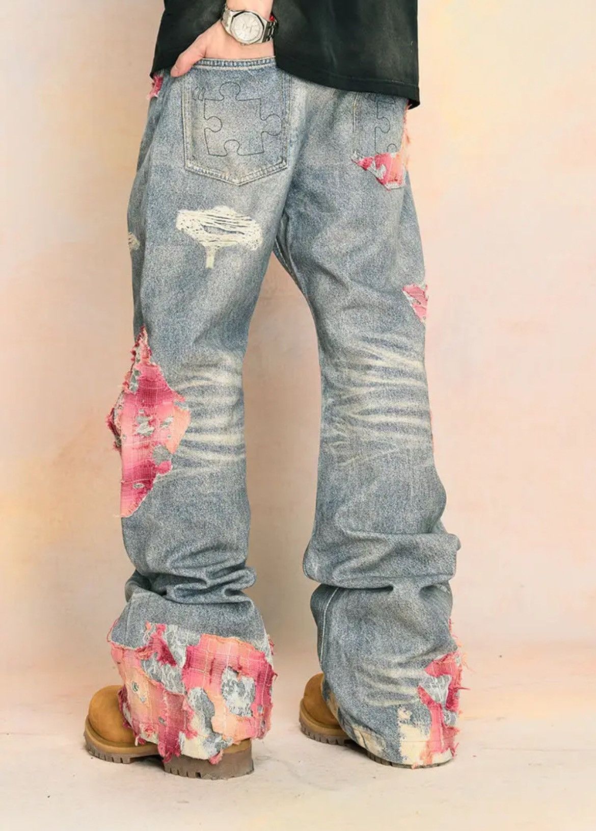 Vintage Patchwork Ripped Wide Leg Jeans Size US 28 / EU 44 - 4 Thumbnail