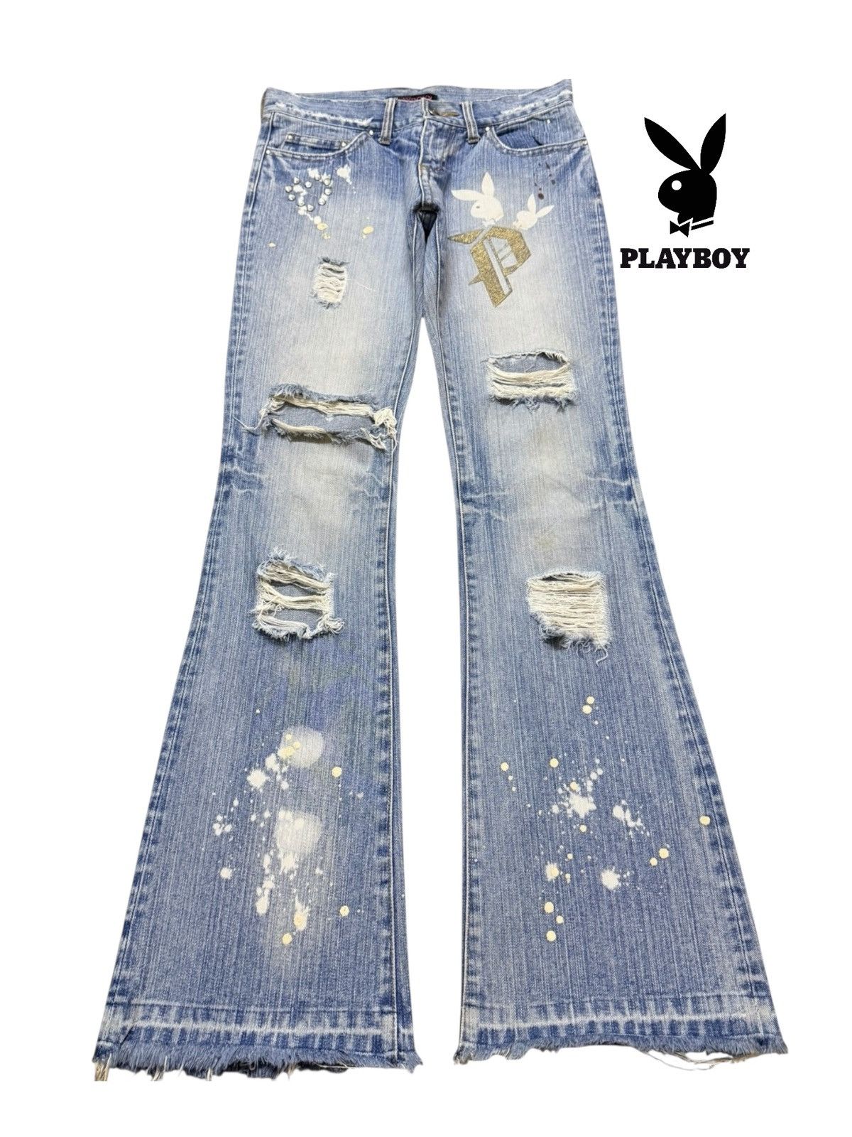 Playboy Vintage Y2K Playboy Faded Wash Paint Splatter Wide Leg Flare Size 28" / US 6 / IT 42 - 1 Thumbnail