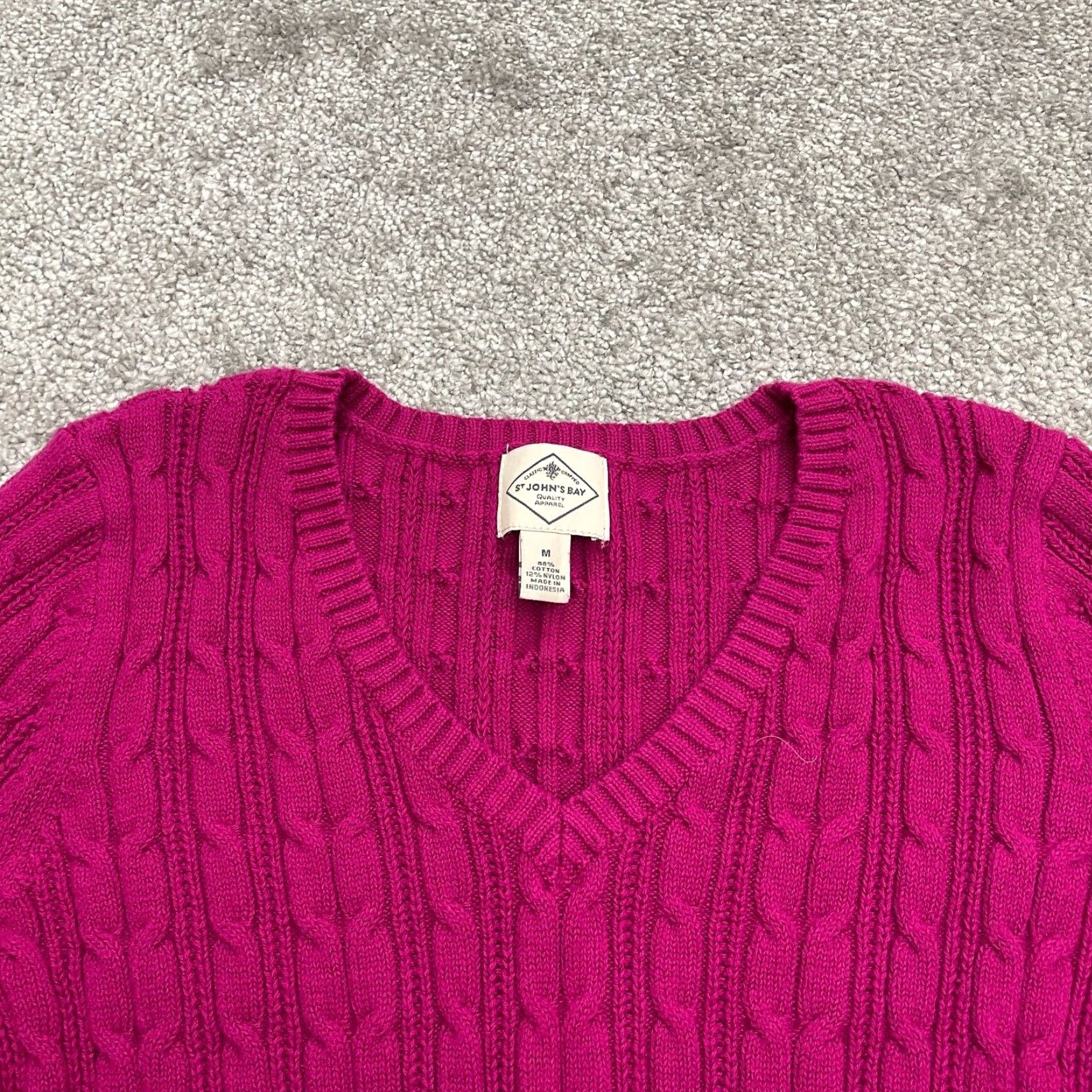 Vintage St John's Bay Pullover Sweater Womens Medium Pink Cable Knit V-Neck Cotton Nylon Long Sleeve Solid Designer Regular Size M / US 6-8 / IT 42-44 - 3 Thumbnail