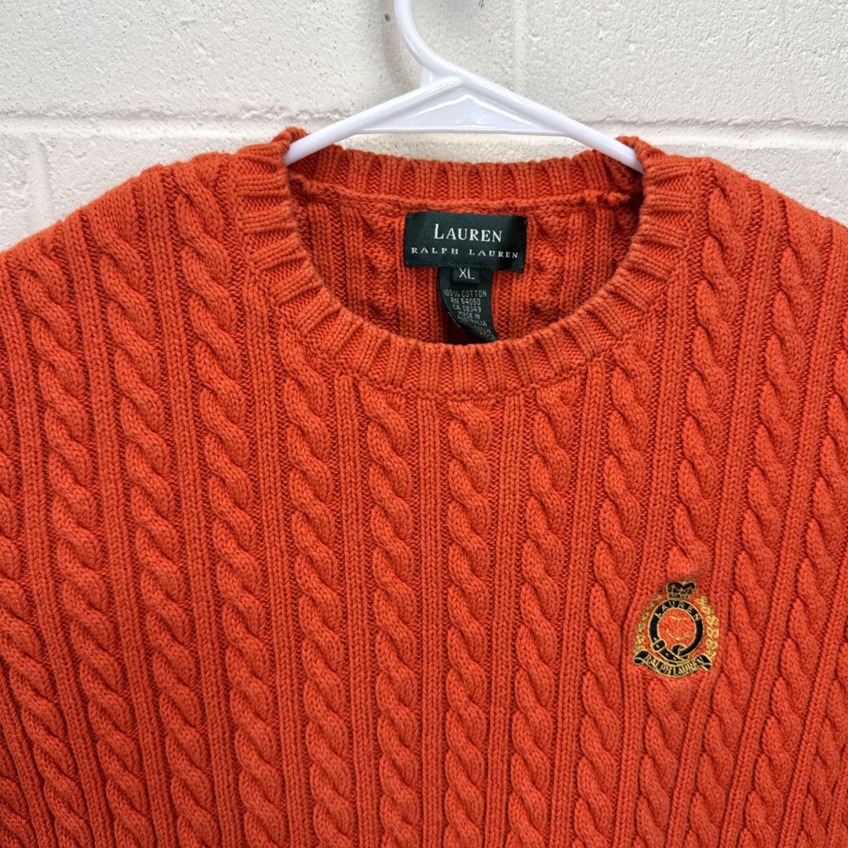Ralph Lauren VINTAGE Lauren Ralph Lauren Sweater Womens XL Cable Knit Orange Crest Logo Crew Neck Long Sleeve Pullover 90s Preppy Classic Vintage All Seasons Women Size XL / US 12-14 / IT 48-50 - 3 Thumbnail
