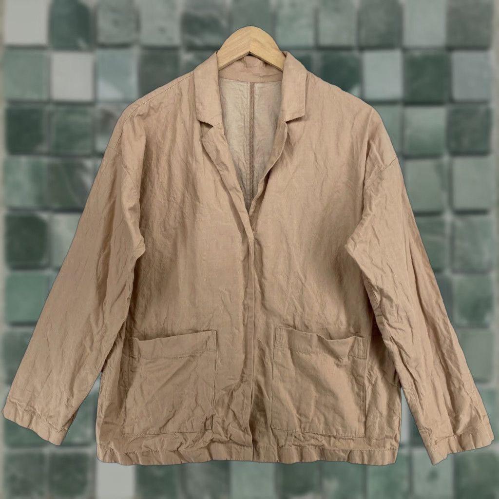 EILEEN FISHER Blazer L Organic Cotton Metallic Snap Front Jacket Beige Shirt