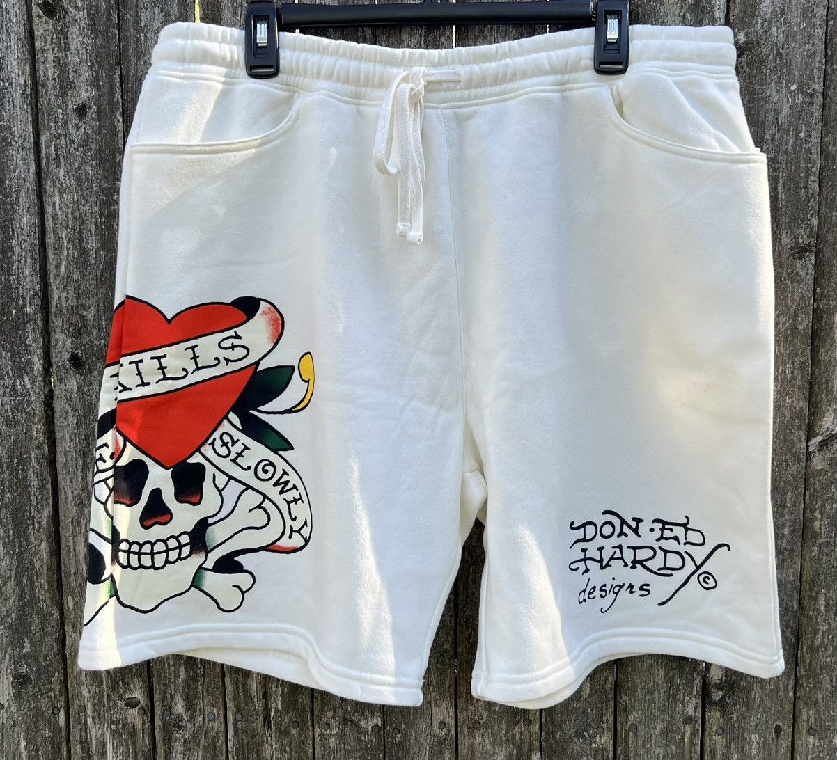 Authentic Ed Hardy Love Kills Slowly Fleece Ivory Shorts L