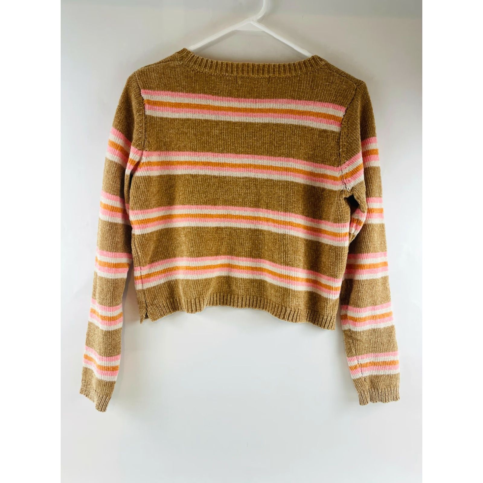 Vintage All in Favor Cropped Sweater Women's Size Medium Taupe Pink Striped Pullover Size M / US 6-8 / IT 42-44 - 2 Thumbnail