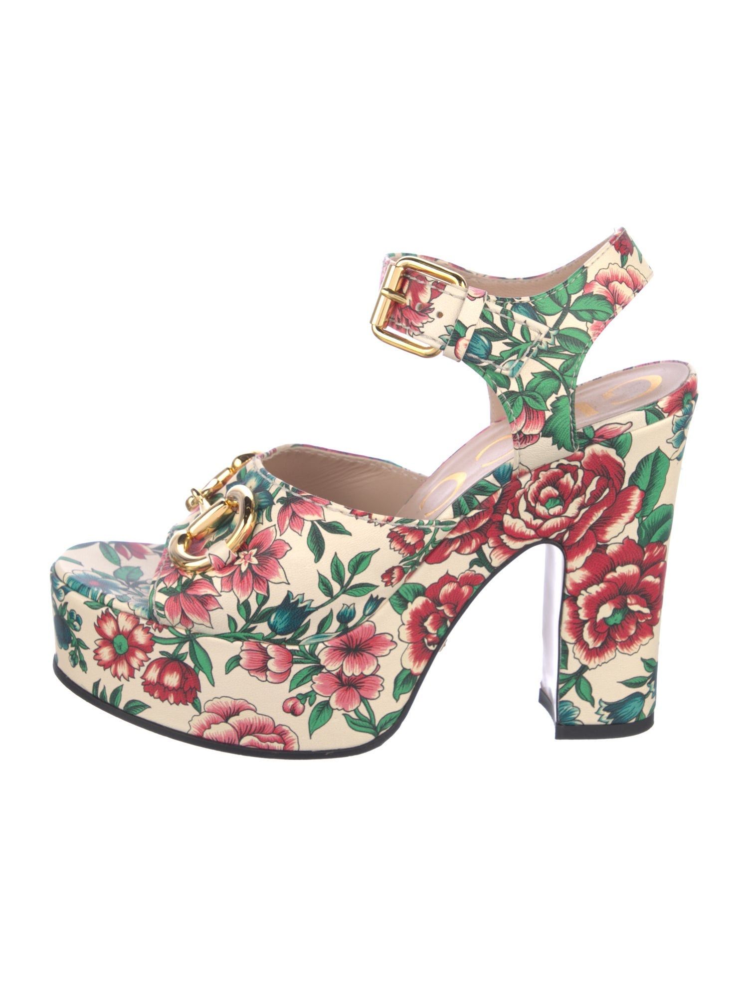 Gucci Horsebit Flora Leather Platform Sandals Size US 5 / IT 35 - 1 Thumbnail