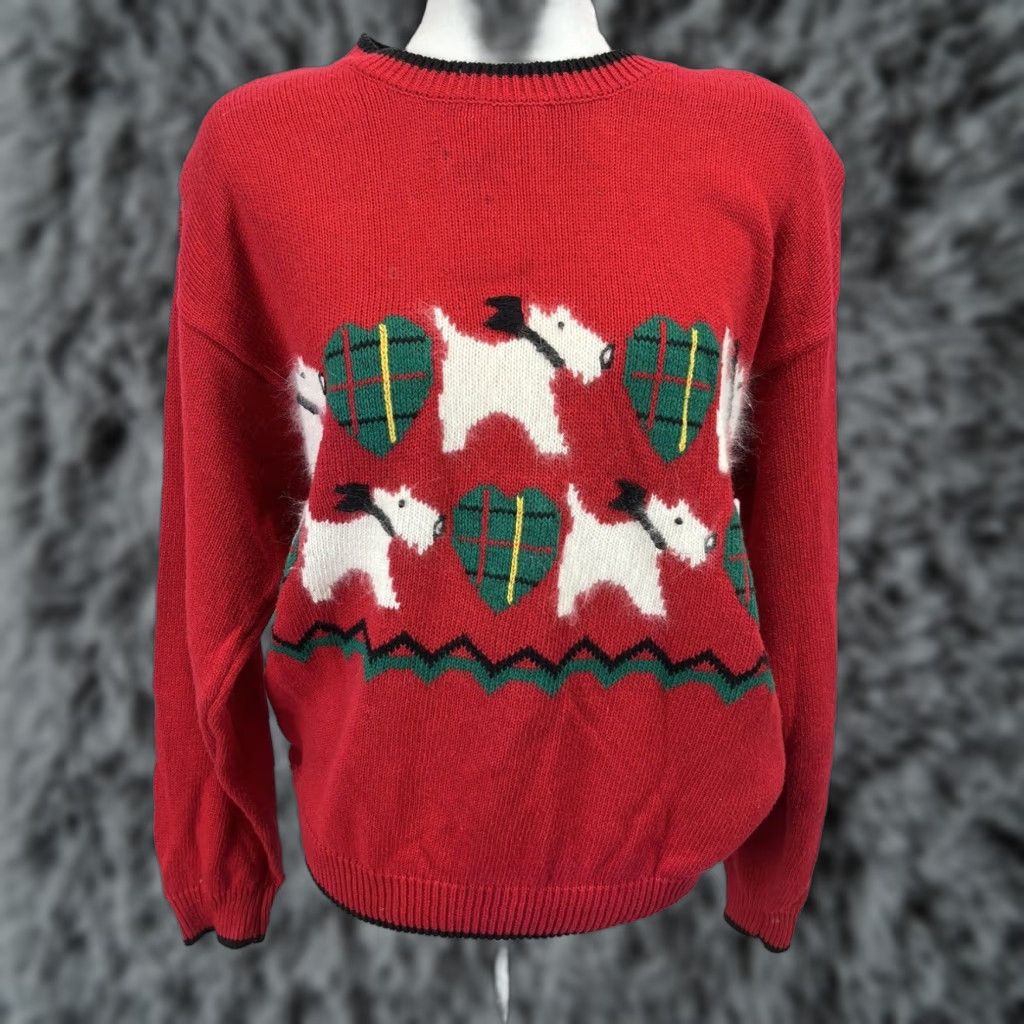 Vintage VINTAGE Bryn Connelly Womens Scottie Westie Dog Sweater Large Red 90s Crew Neck Pullover Size L / US 10 / IT 46 - 1 Thumbnail