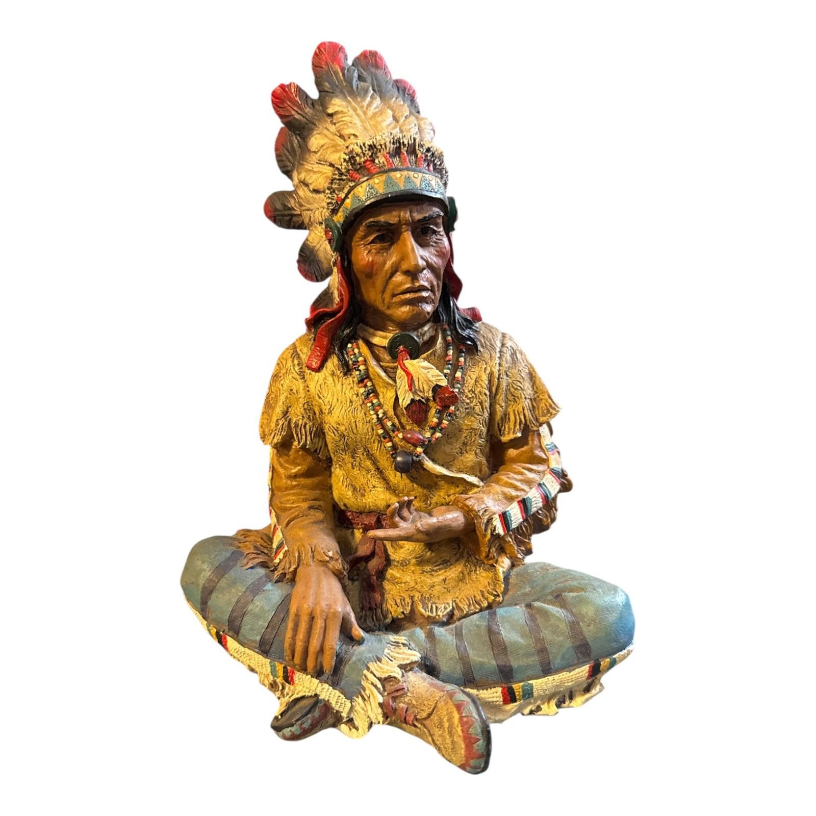 Unknown London Native American Chief Figurine Statue with Feathered Headdd Size ONE SIZE - 2 Thumbnail