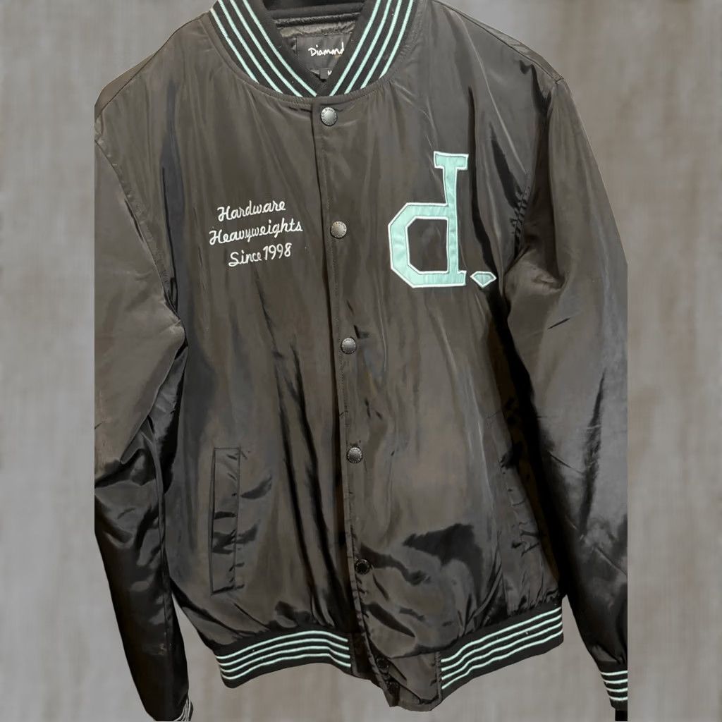 Vintage Diamond Men's Varsity Jacket Shirt Jacket Stripe Snap Button Quilted Lined Black Green Medium Size US M / EU 48-50 / 2 - 1 Thumbnail