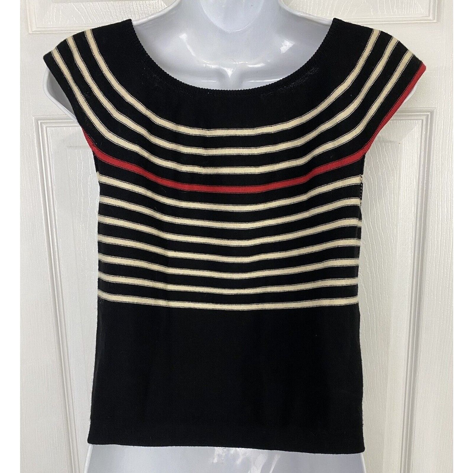 Sonia Rykiel Sonia Rykiel Black White Striped Wool Short Sleeve Sweater Size ONE SIZE - 4 Thumbnail
