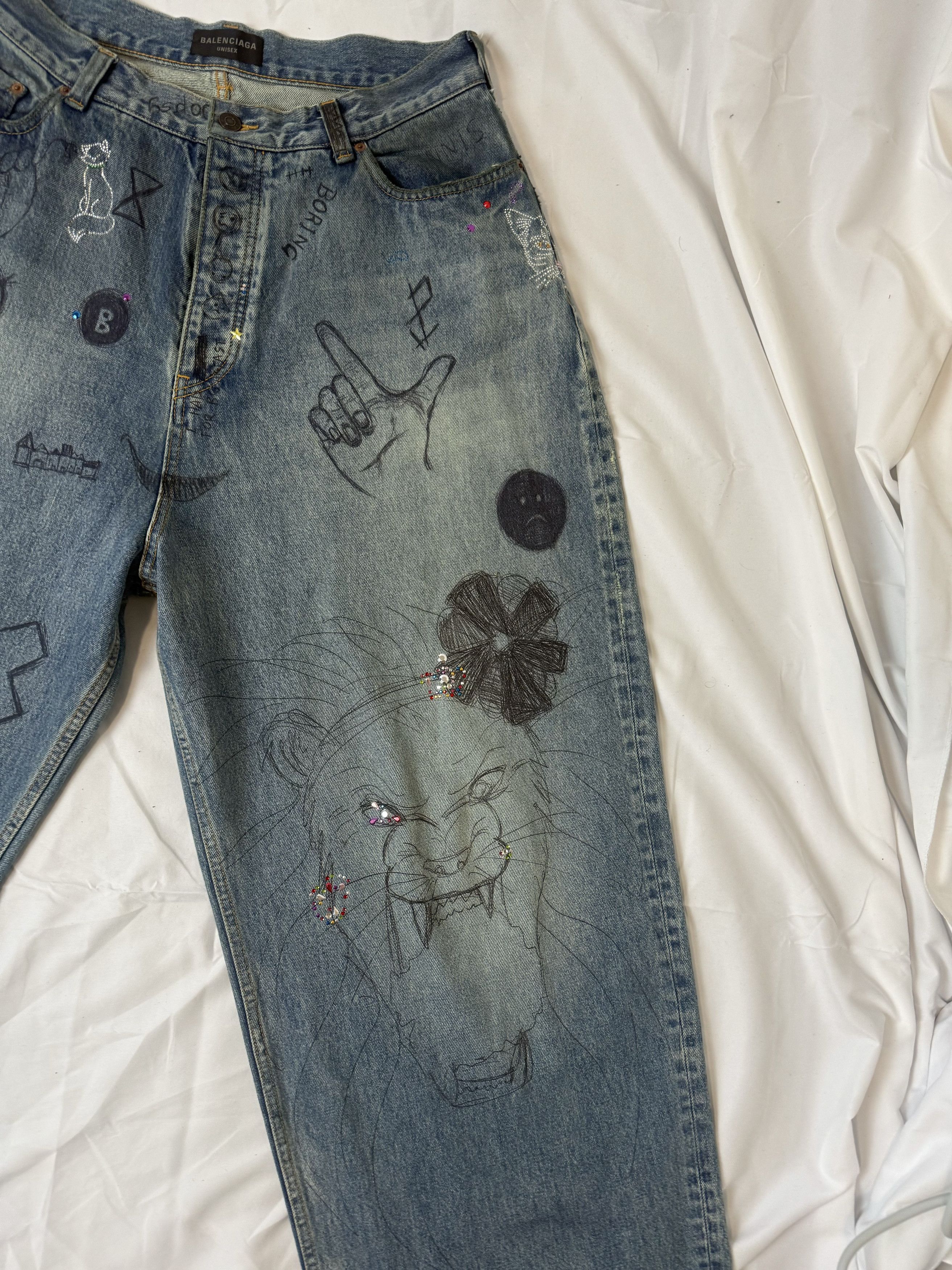 Balenciaga Wide-leg diamond graffiti jeans Size US 32 / EU 48 - 3 Thumbnail