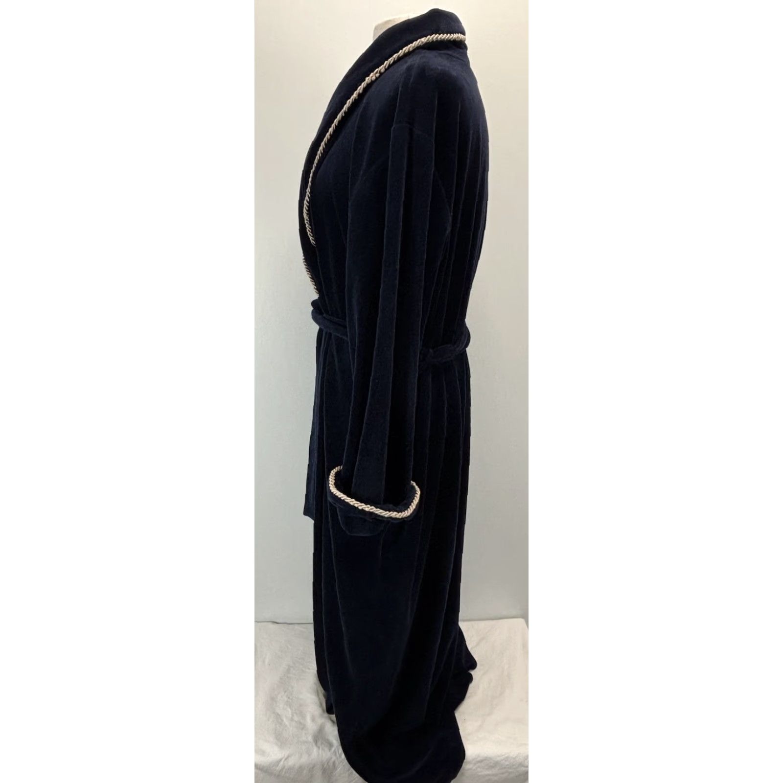 Vintage VINTAGE Diamond Tea Velour Robe 90s Lounge Medium Blue Heavy Corded Trim Womens Size ONE SIZE - 2 Thumbnail