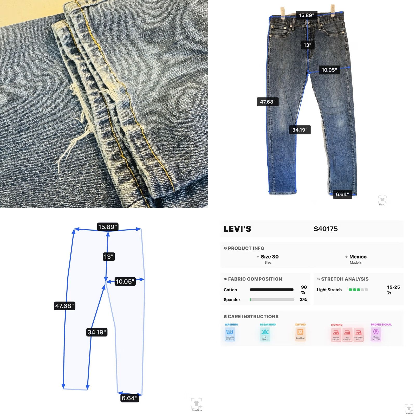 Levi's Levi's Jeans S40175 Mens 32x34 Blue Medium Wash Denim Zip Fly Tapered Stretch Distressed Pockets Logo Size US 32 / EU 48 - 9 Thumbnail