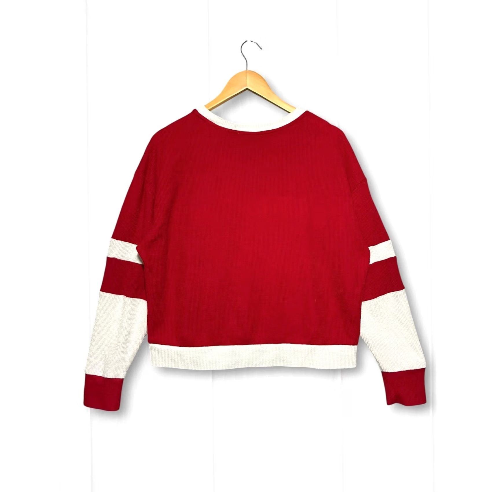 Vintage Apres Ski Thermal Sweatshirt Red White Waffle Knit Varsity Stripe Women's Large Size L / US 10 / IT 46 - 2 Thumbnail