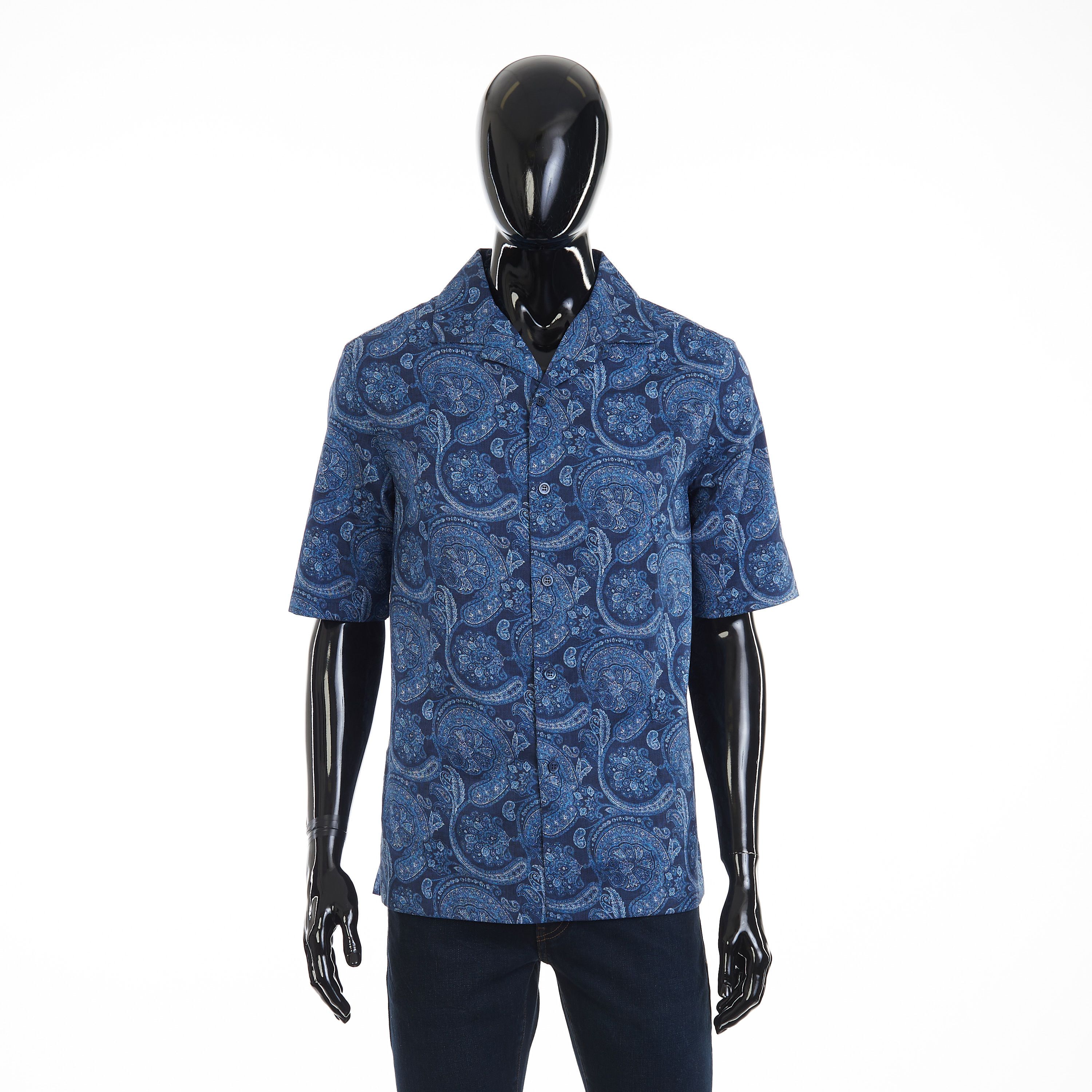 Short Sleeve Shirt - Camp Collar Paisley Cotton Easy Fit