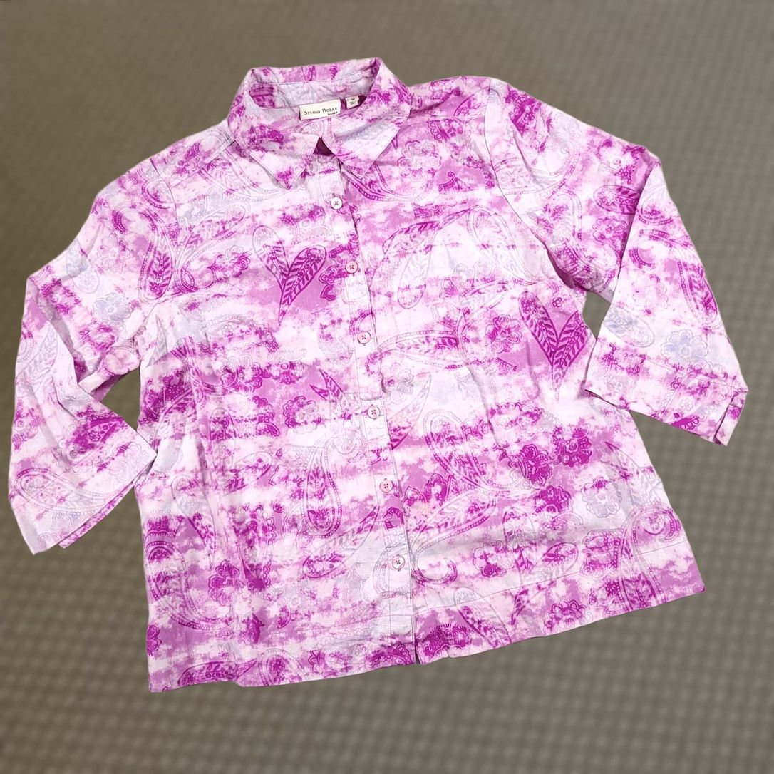 Vintage Studio Works Button Up Shirt Women's 1X Plus Purple Paisley Collared 3/4 Sleeve Size XL / US 12-14 / IT 48-50 - 1 Thumbnail