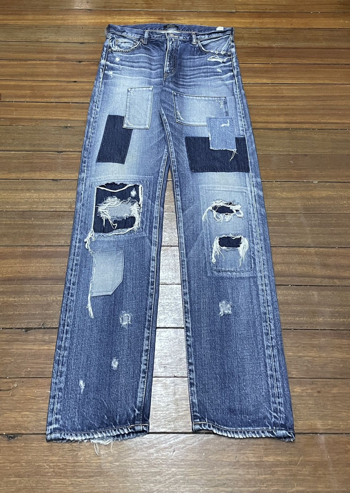 Japanese Brand × MOUSSY Very Rare Design Vintage Moussy Patchwork Ripped Jeans 1990s Size US 34 / EU 50 - 1 Thumbnail