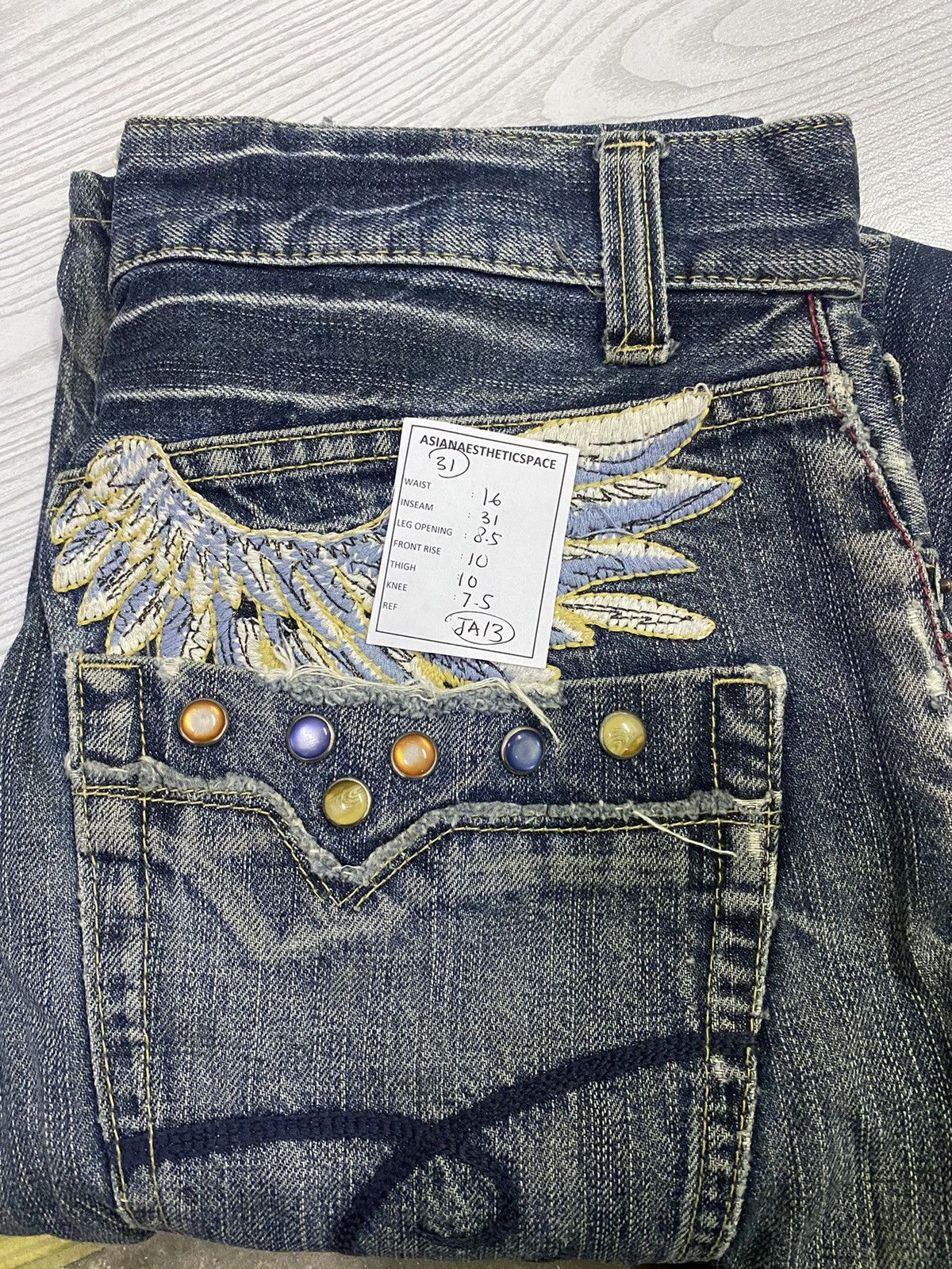 Japanese Brand Winger Japan Patch Embellishments Blue Way Distressed Jean Size US 31 - 16 Thumbnail