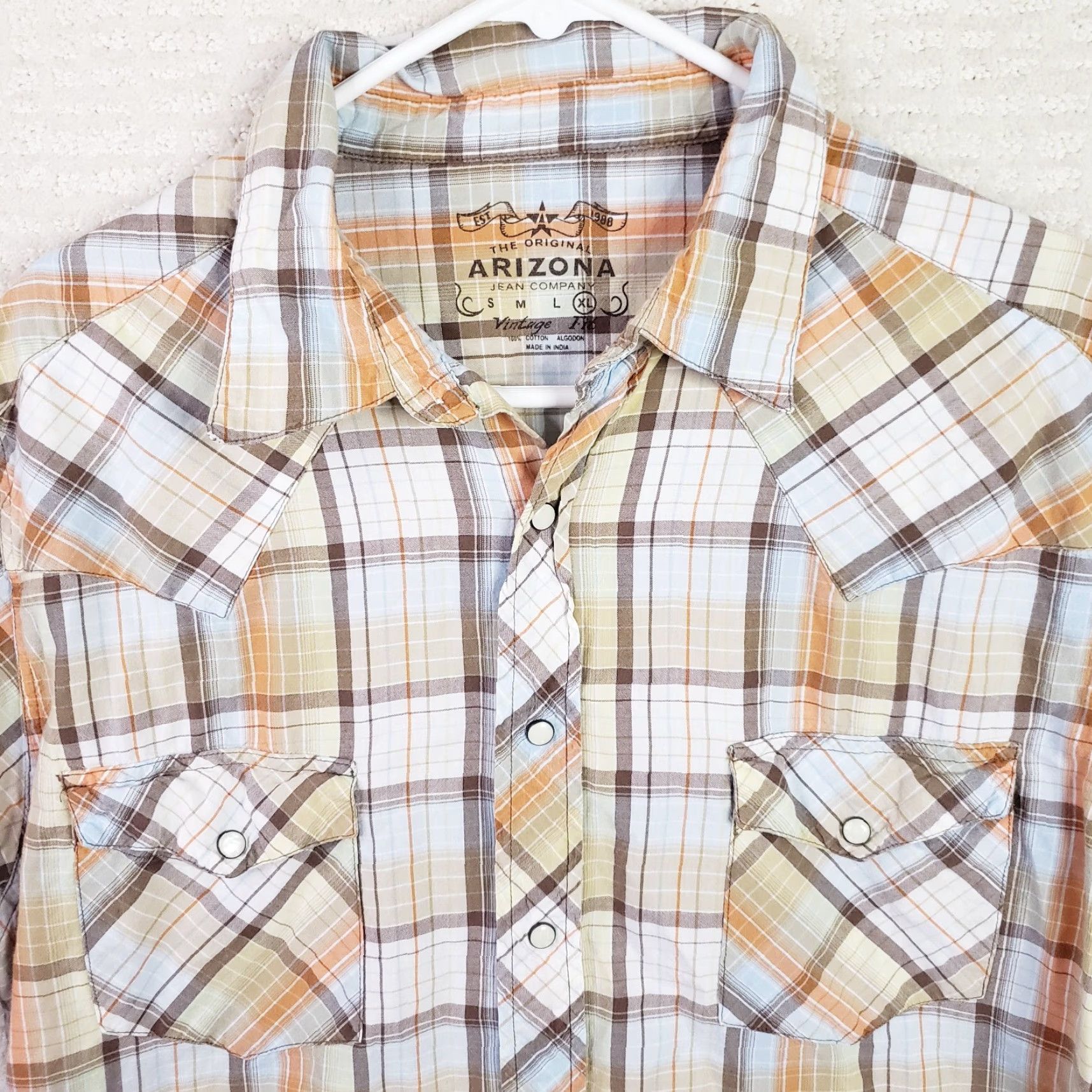 Vintage Mens AriZona Western Plaid Snap Shirt Short Sleeve XL Orange White Brown Size US XL / EU 56 / 4 - 3 Thumbnail
