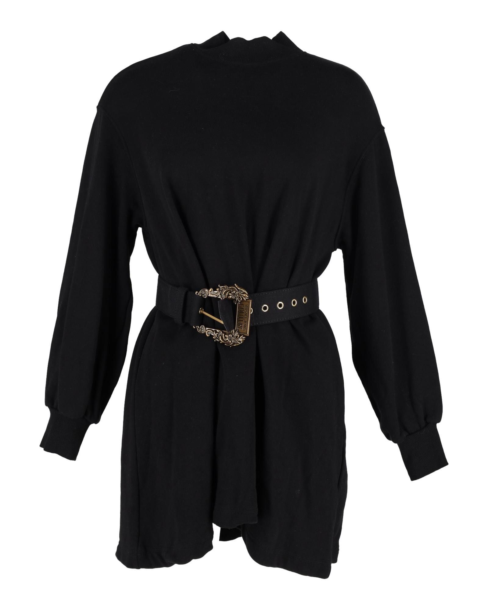 image of Versace Belted Long-Sleeve Mini Dress In Black Cotton, Women's (Size XS)