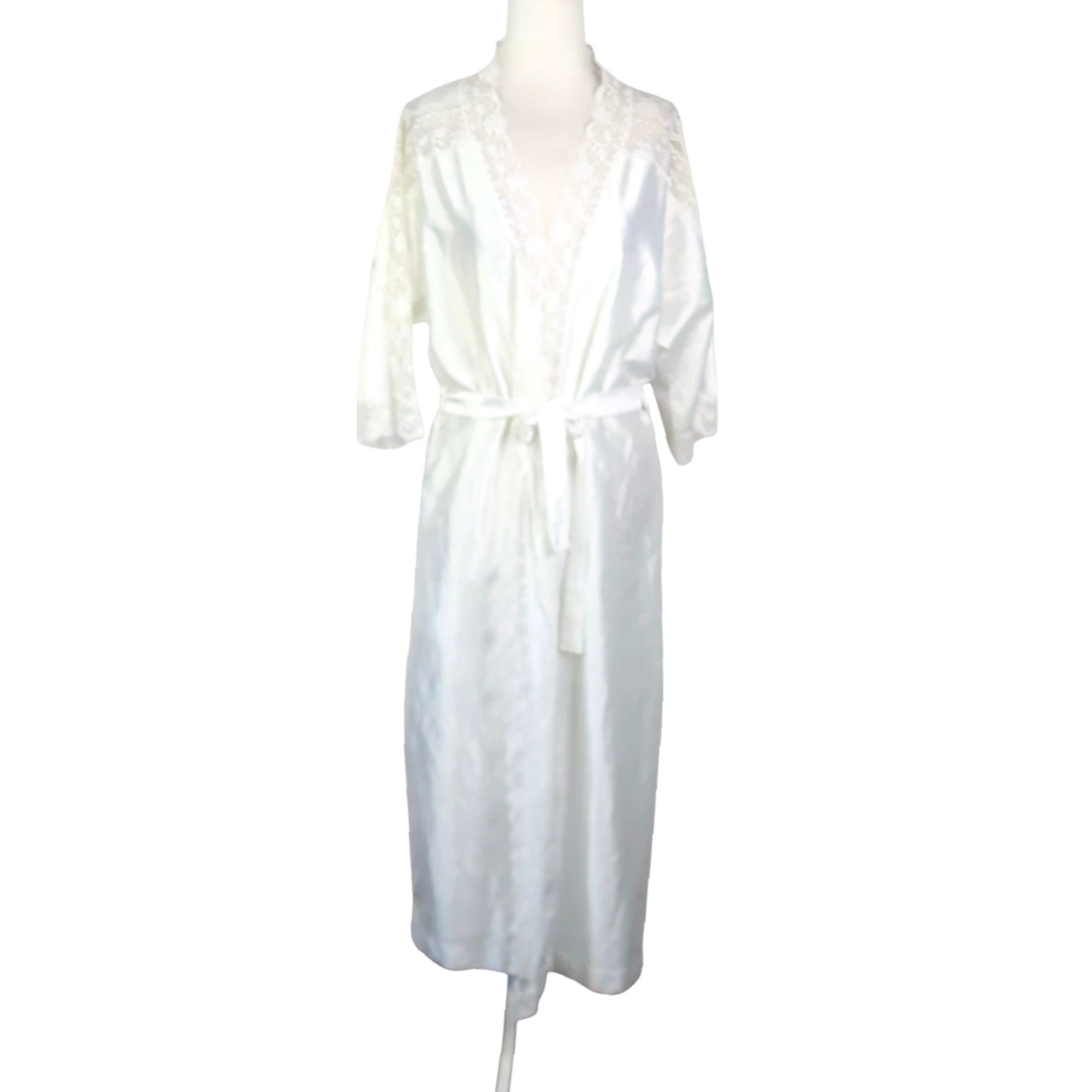 Vintage VINTAGE Reasa Martin White Robe Mid Length Long 80s Womens M White Robe Lace Trim Tie Polyester 48" 18" Pit to Pit Size ONE SIZE - 2 Thumbnail
