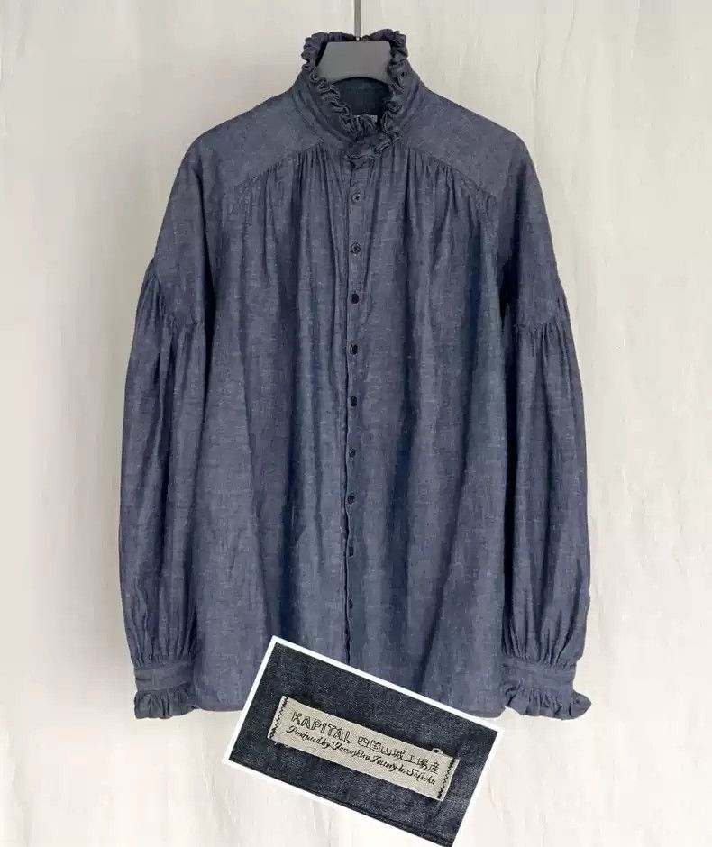 image of Kapital Hirata And Macro French Pleated Lantern Sleeve Cotton And Linen Blouse Shirt in Blue (Size 