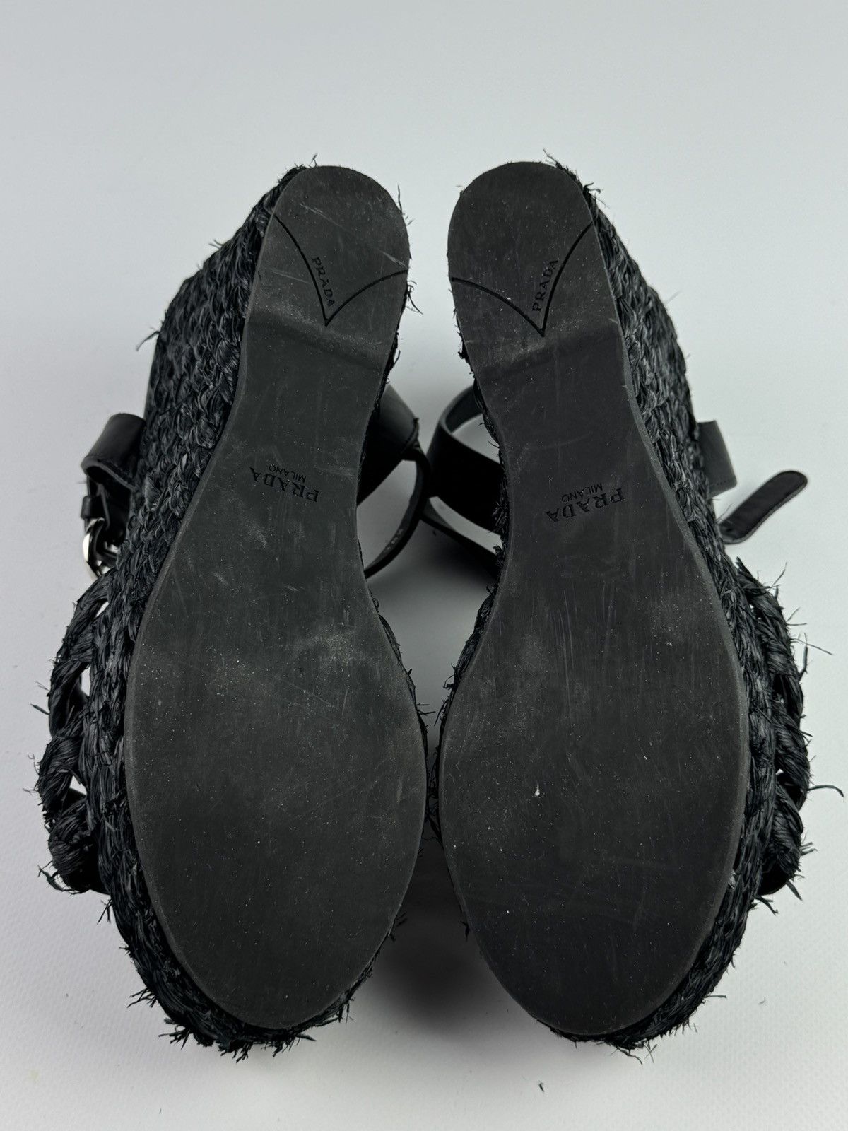 Prada Raffia Crisscross Wedge Sandals Espadrilles Black