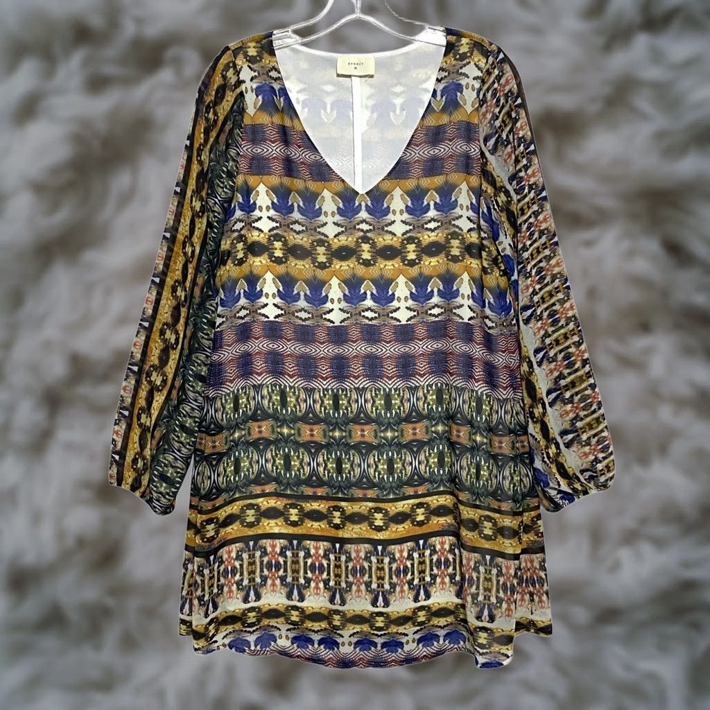 Vintage VINTAGE Everly Mini Dress S Women Batik Aztec Boho Tribal V-Neck Sheer Sleeves USA Purple Short 80s Size S / US 4 / IT 40 - 1 Thumbnail