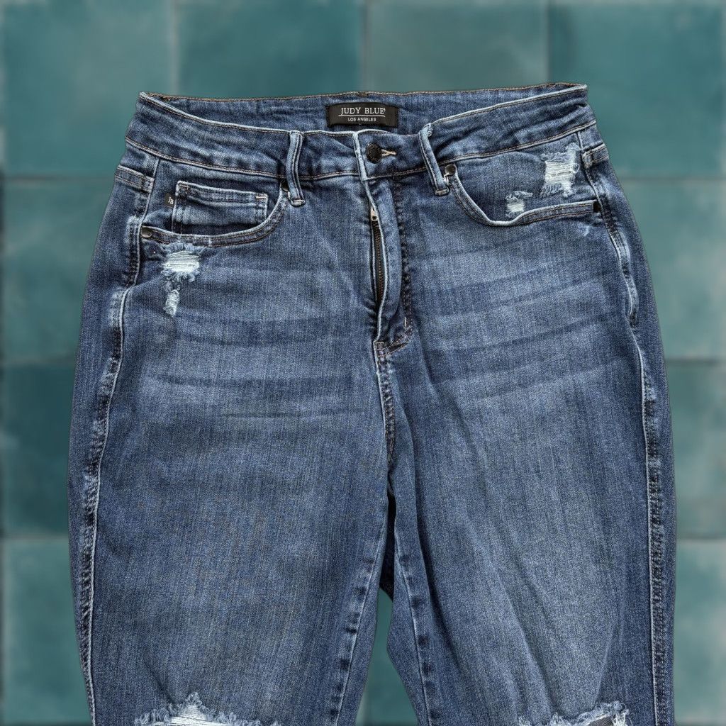 Vintage Judy Blue Jeans Womens 14W High Rise Flare Distressed Blue Raw Hem Stretch Denim Size 36" / US 14 / IT 50 - 1 Thumbnail