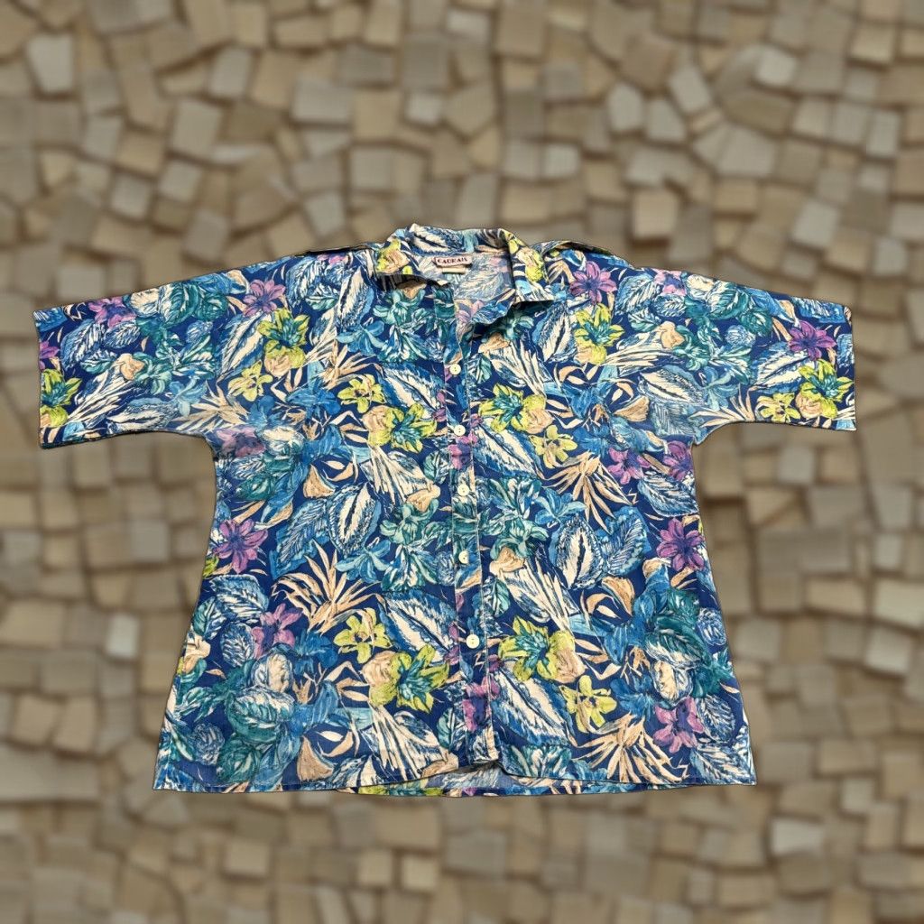 Vintage Cabrais Shirt Womens 2XL Blue White Green Floral Button-Up Padded Shoulders Shirt Size XXL / US 16-18 / IT 52-54 - 1 Thumbnail