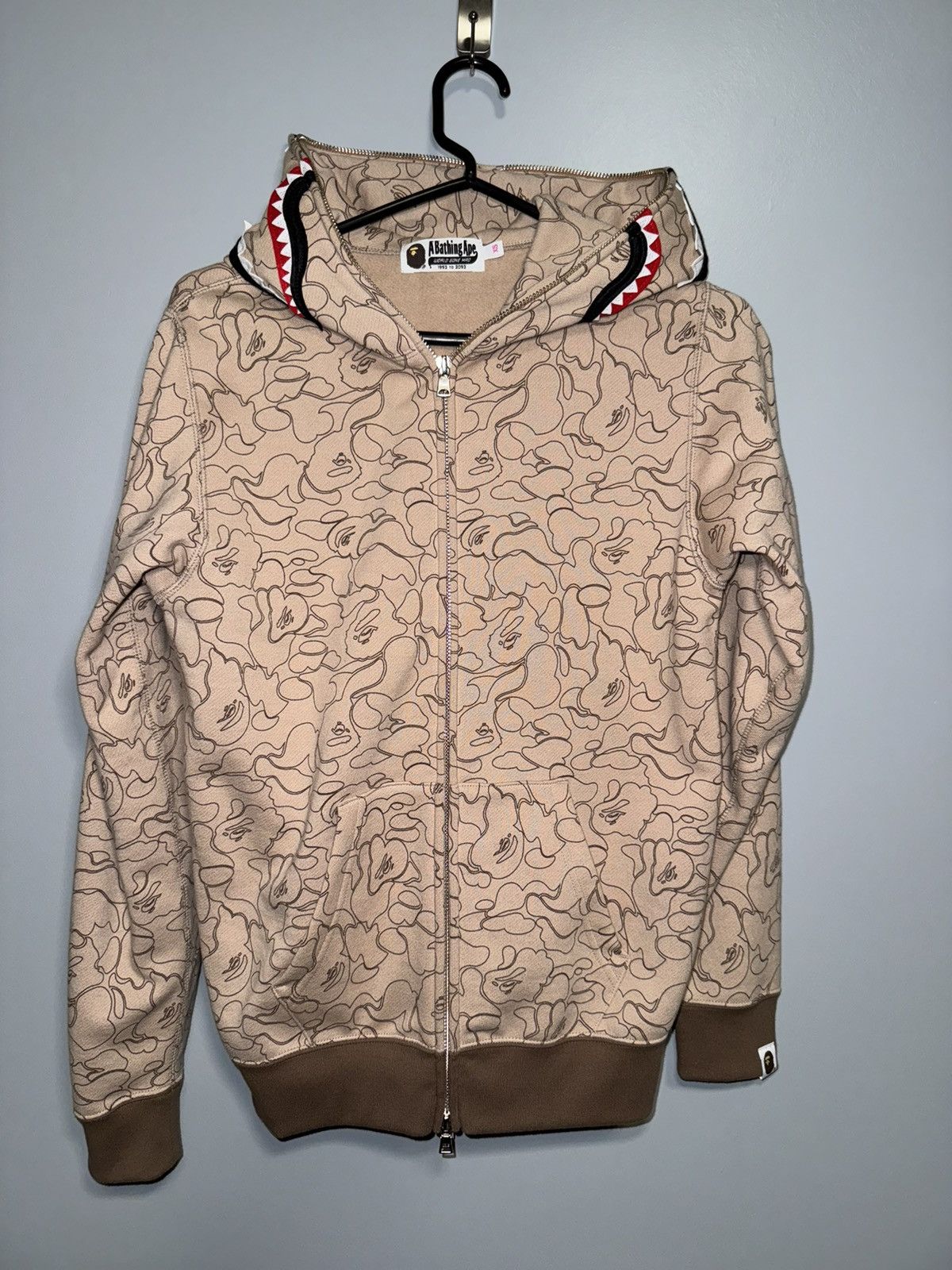 Image of Bape Stencil Camo Shark Full Zip Hoodie in Beige, Women's (Size XS)