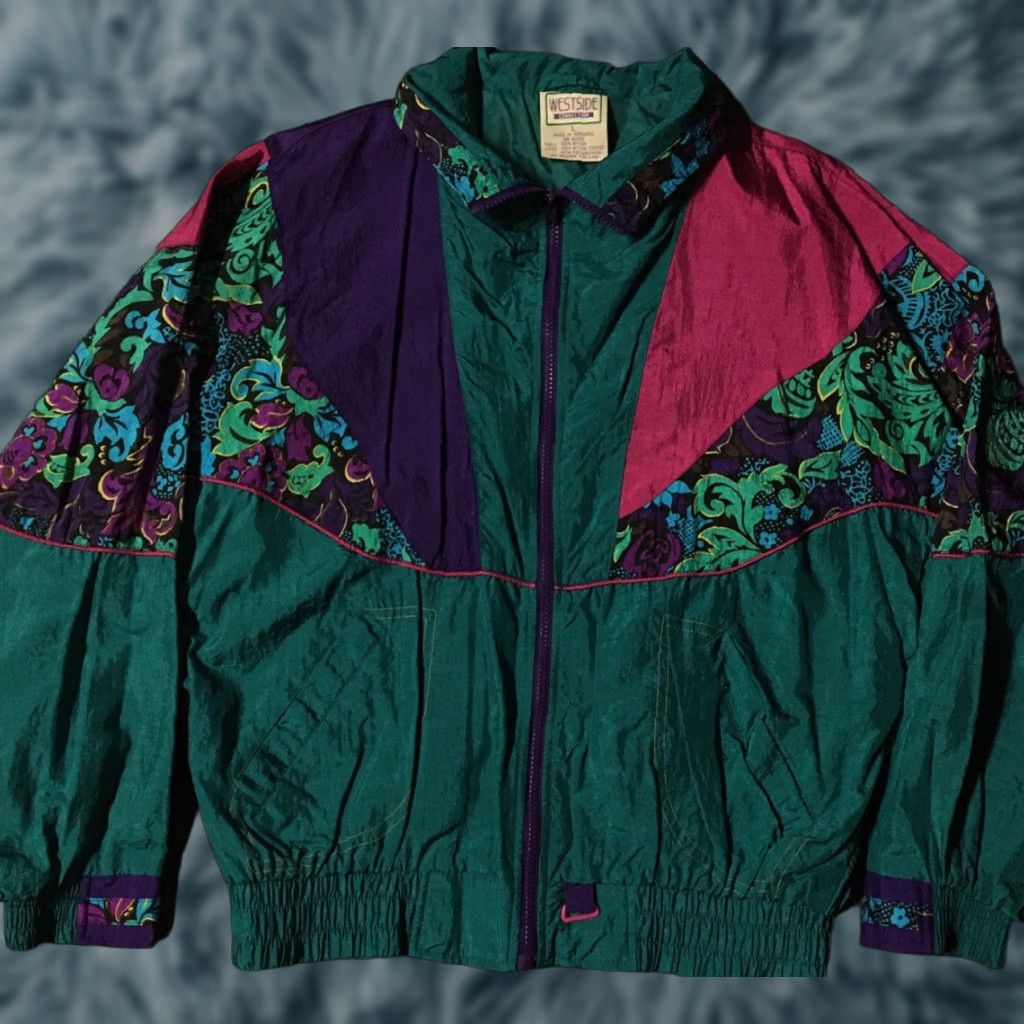 VINTAGE Westside Connection Bomber Jacket 80s 90s Colorblock Nylon Women L Green Abstract Art Flower Hip Hop Vaporwave Windbreaker Jacket Ladies Mens?