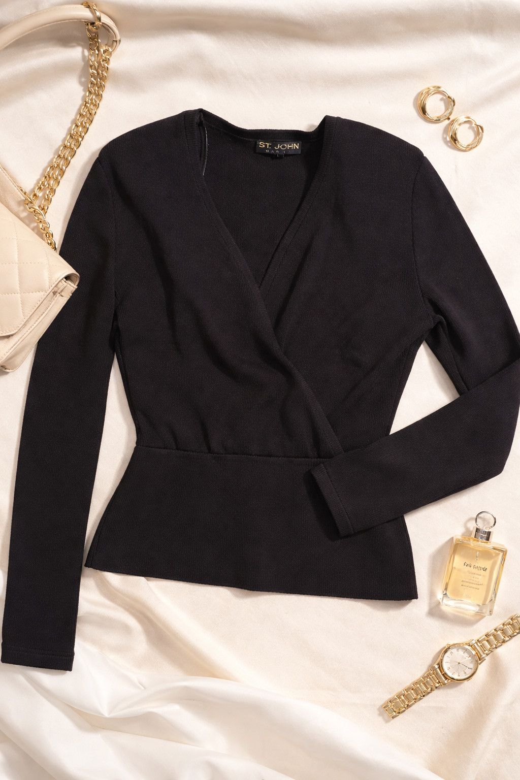 St. John St. John Knit Black Wrap Sweater & Red Pencil Skirt Set Size ONE SIZE - 2 Thumbnail