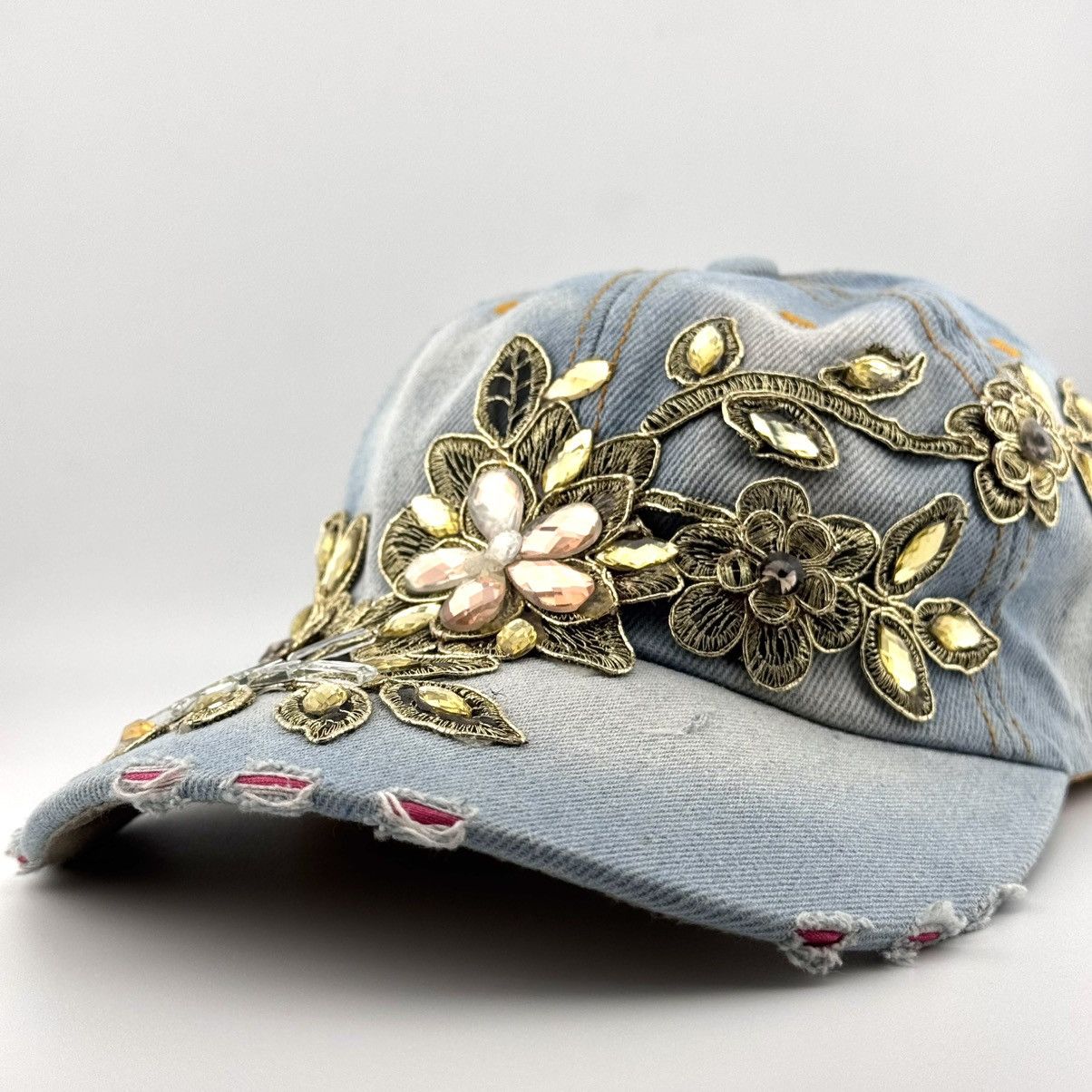 Japanese Brand Vtg Y2K Rhinestone Floral Denim Distressed Cap Size ONE SIZE - 5 Thumbnail