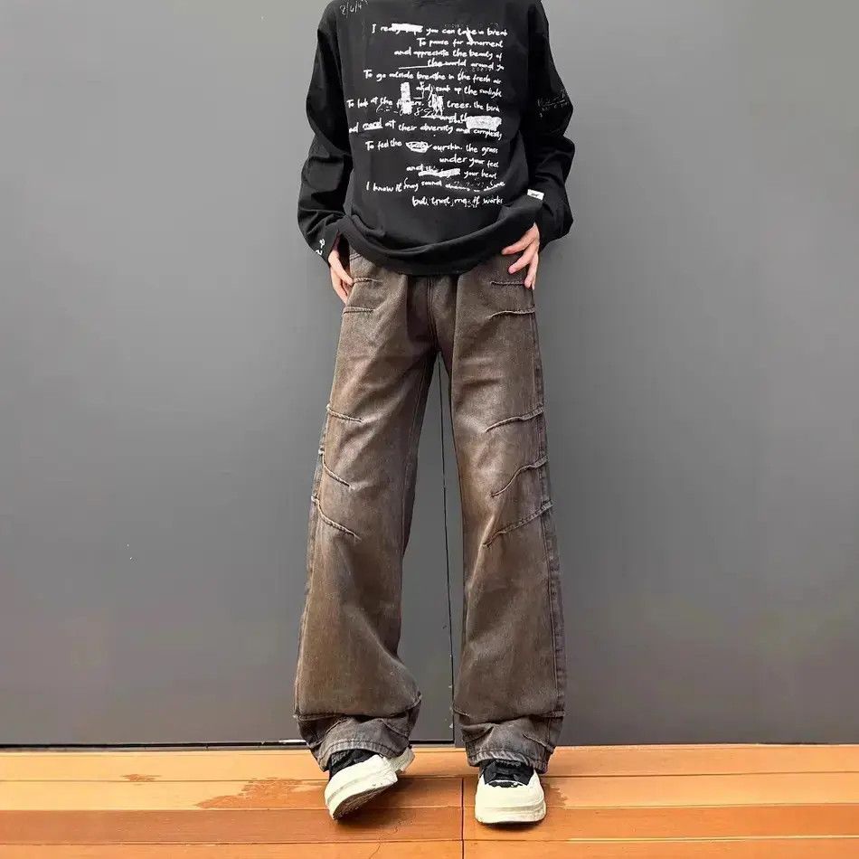 Japanese Brand Retro loose straight leg wide leg dirty dyed jeans Size US 32 / EU 48 - 2 Thumbnail