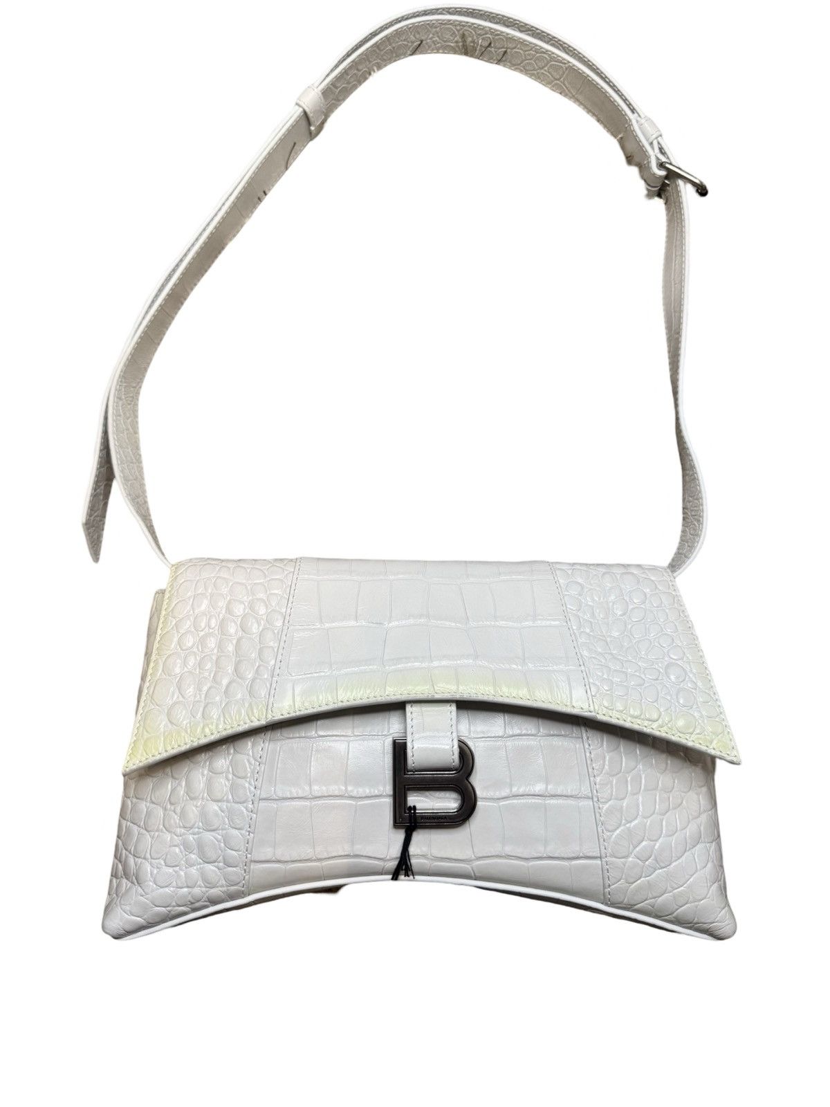BALENCIAGA HOURGLASS DOWNTOWN CROCODILE Embossed White Bag