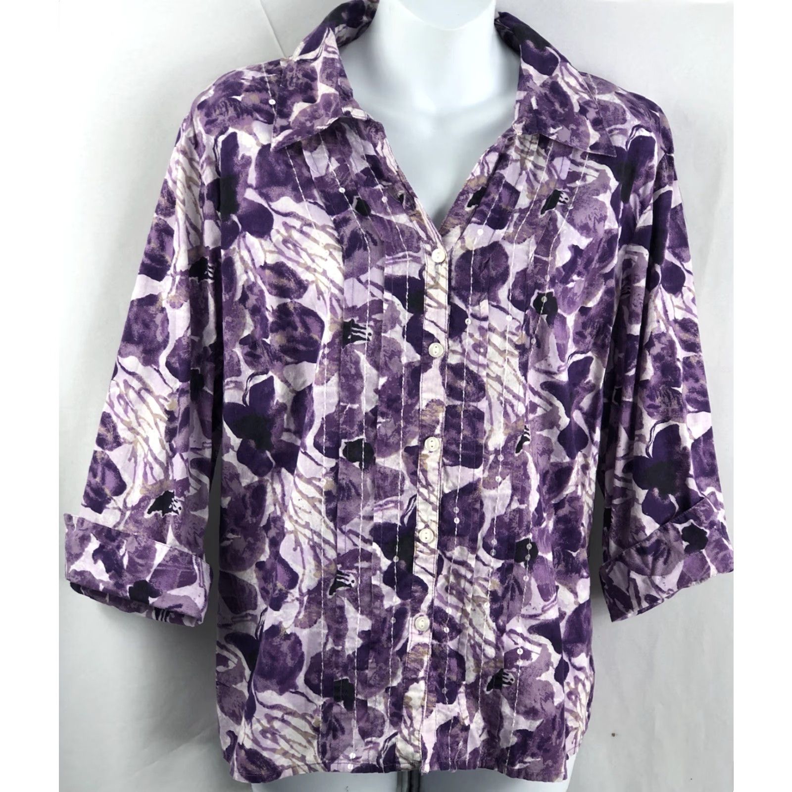 JM Collection JM Collection Blouse Shirt 12P Purple Floral Button Up 3/4 Sleeve Boho Career Womens Size XL / US 12-14 / IT 48-50 - 6 Thumbnail