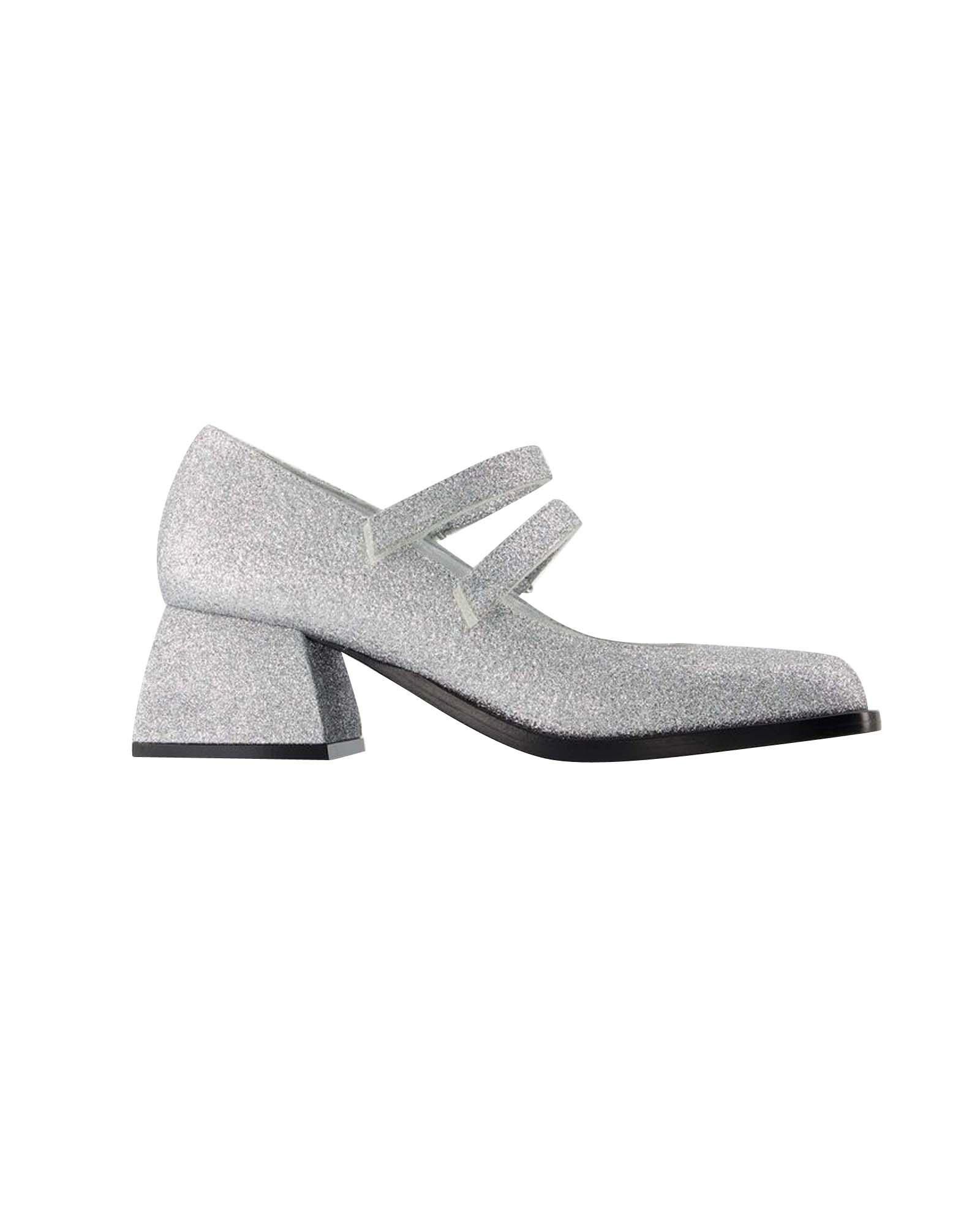 image of Nodaleto Silver Glitter Double Strap Pumps With Small Heel Shoes - European Sizing in Metallic, Wom