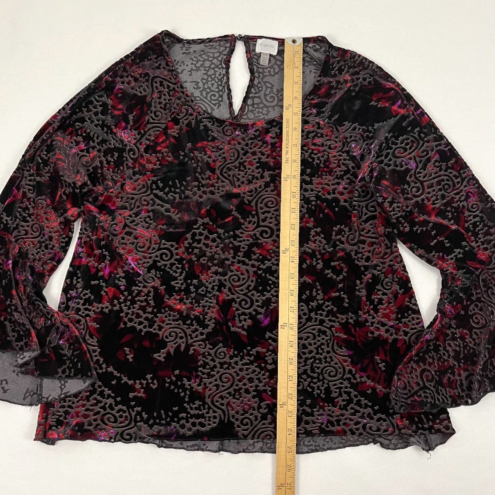 Velvet Cupio Whimsigoth Top Blouse Velvet Burnout Trumpet Sleeve XL Black Women Long Sleeve Knit & Floral Pattern | Regular Fit, Round Neck, Machine Washable Size XL / US 12-14 / IT 48-50 - 2 Thumbnail