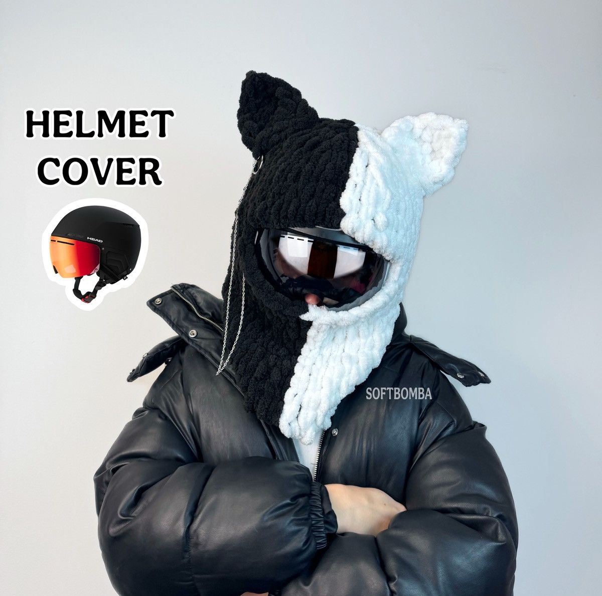 Handmade Cat helmet cover balaclava with ears . Black Ski mask Size ONE SIZE - 1 Thumbnail