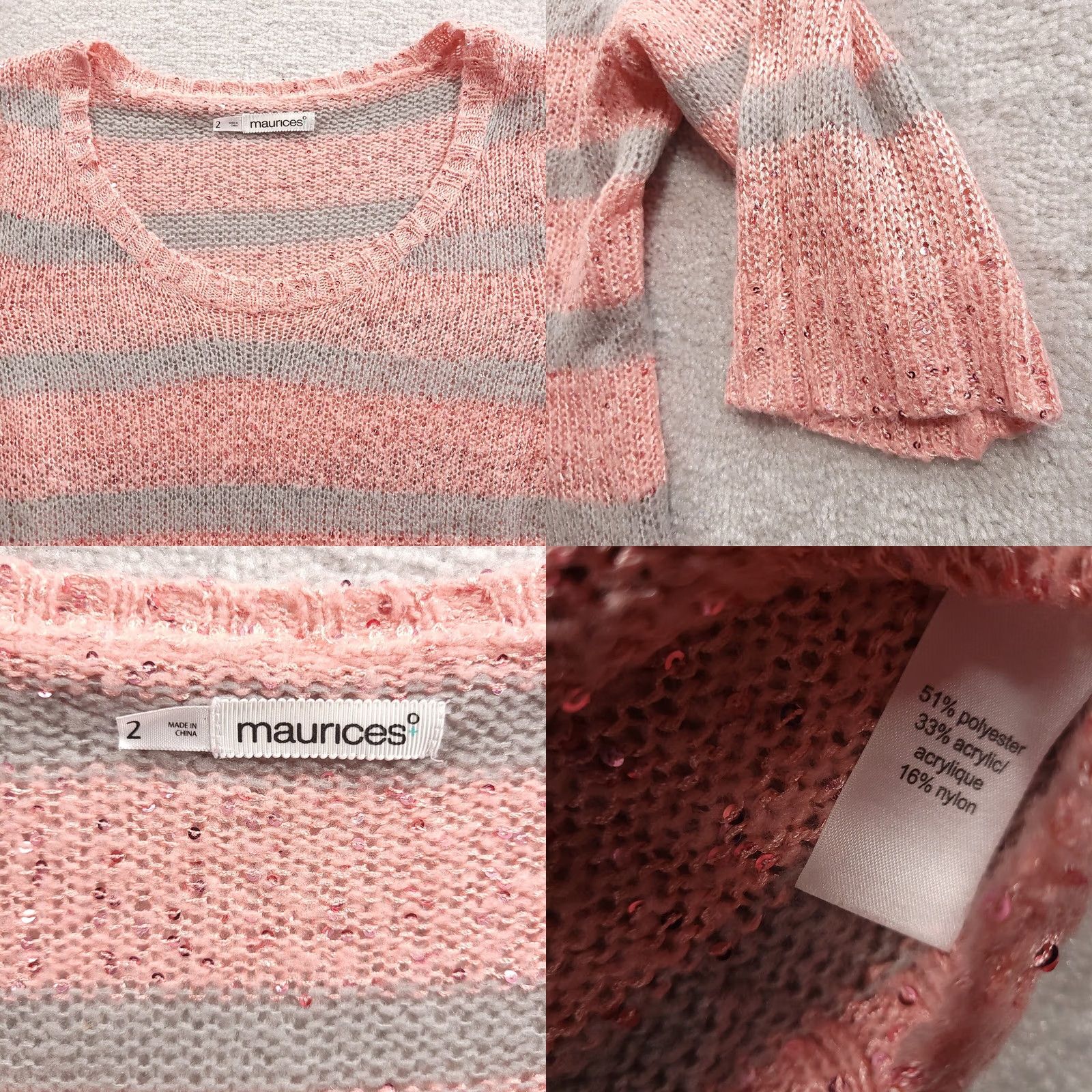 Vintage Maurices Sweater Womens 2 Sequined Pink Gray Striped Sleeve Scoop Neck Size XS / US 0-2 / IT 36-38 - 8 Thumbnail