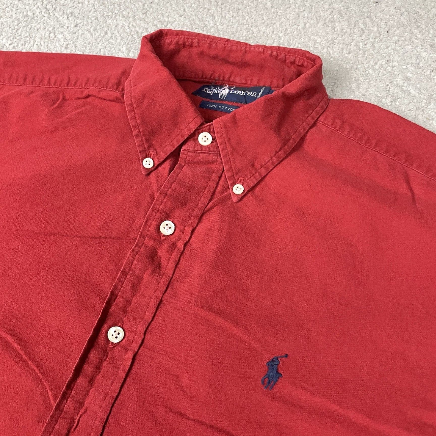 Ralph Lauren VINTAGE Ralph Lauren Polo Shirt Mens L Red Button-Down Pony Distressed 90s Polo Shirt Button-Up Knit Cotton Long Sleeve Size US L / EU 52-54 / 3 - 3 Thumbnail