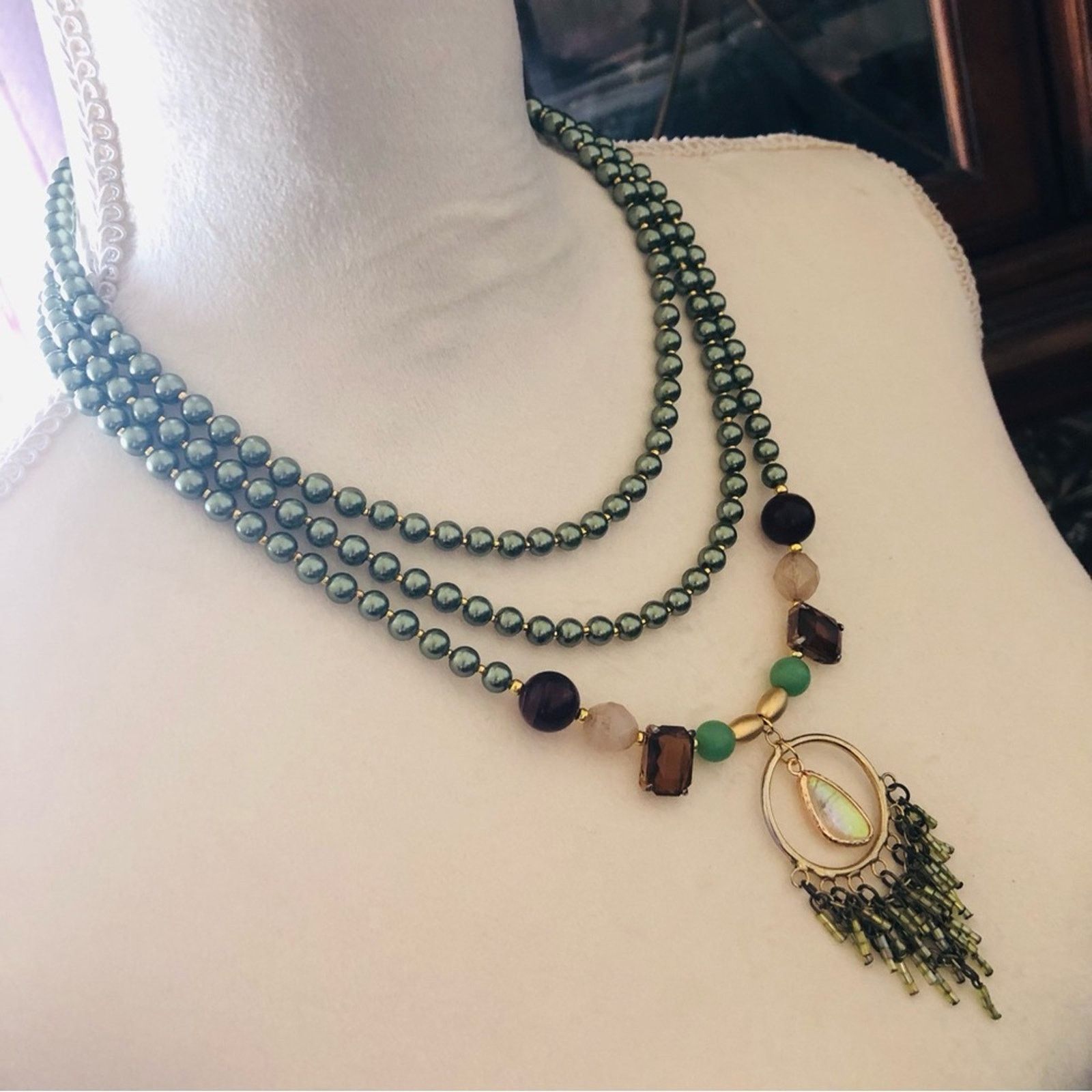 Handmade Handcrafted repurpose opal fringe Czech glass Pearl necklace Size ONE SIZE - 4 Thumbnail