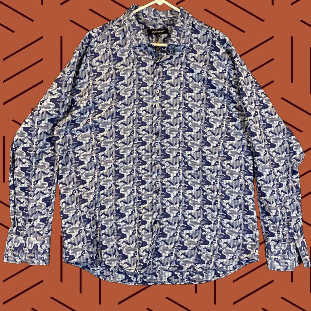 Vintage Bogosse Shirt Mens 3XL Blue Camo Long Sleeve Button-Up Top with French Cuff, Button Up, Casual Formal Workwear Size US XXL / EU 58 / 5 - 1 Thumbnail