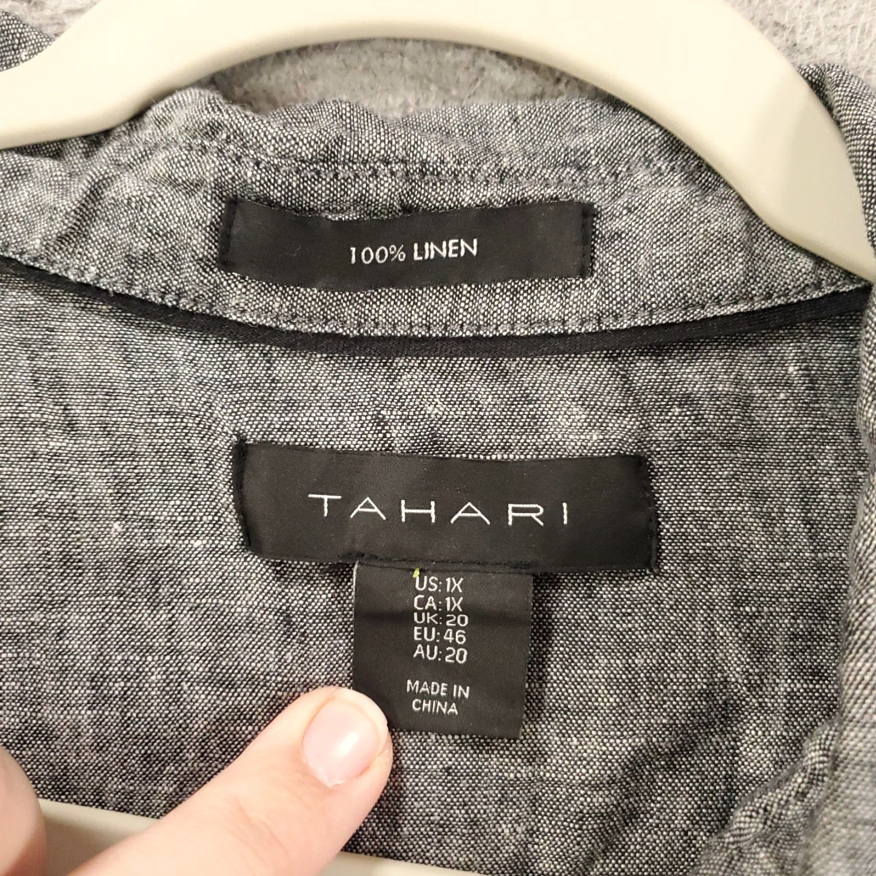 Vintage Tahari Linen Top Womens 1X Gray Black Roll Tab Sleeve Button Up Tunic Size XL / US 12-14 / IT 48-50 - 5 Thumbnail