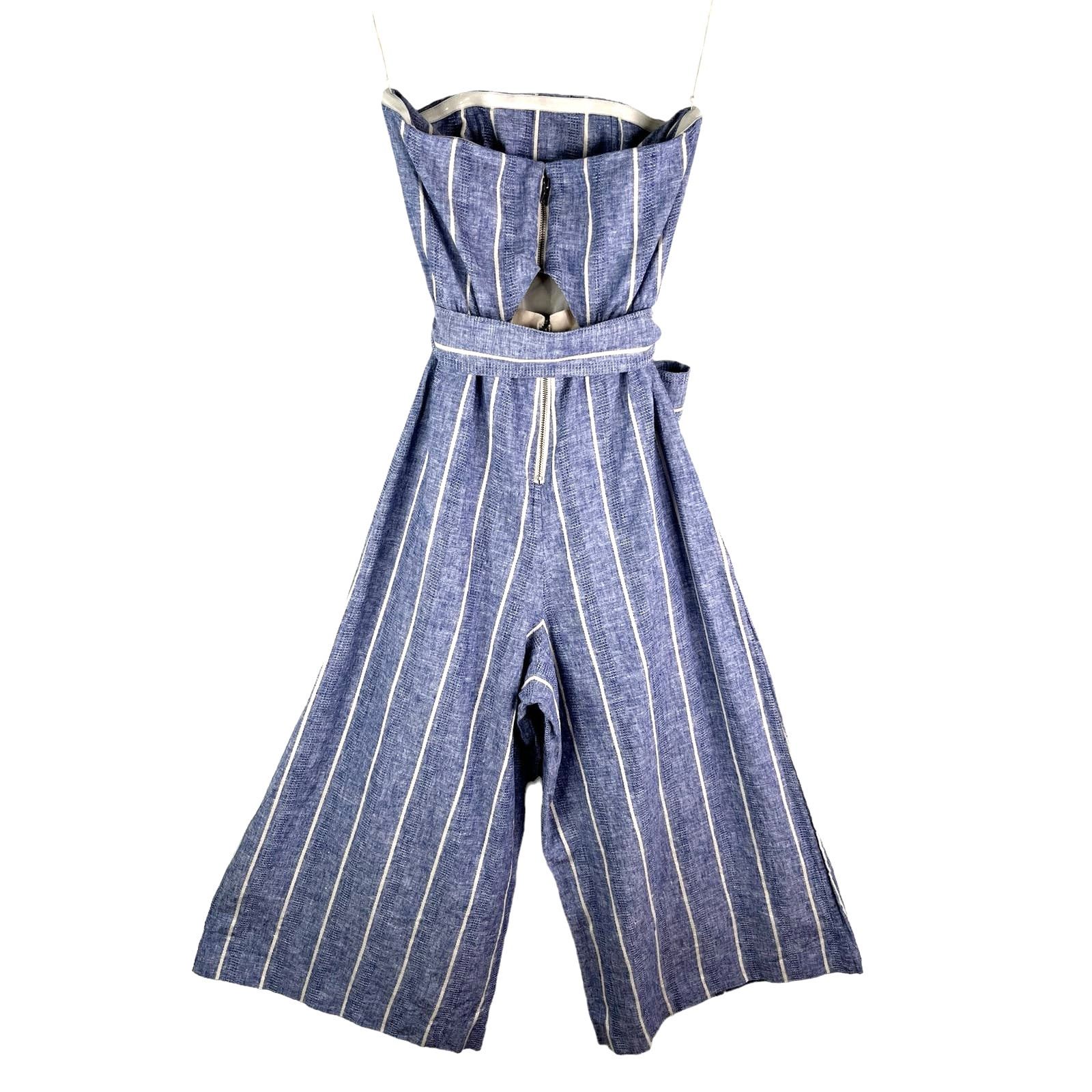 ALICE + OLIVIA Lucie Linen Striped Strapless Jumpsuit 0