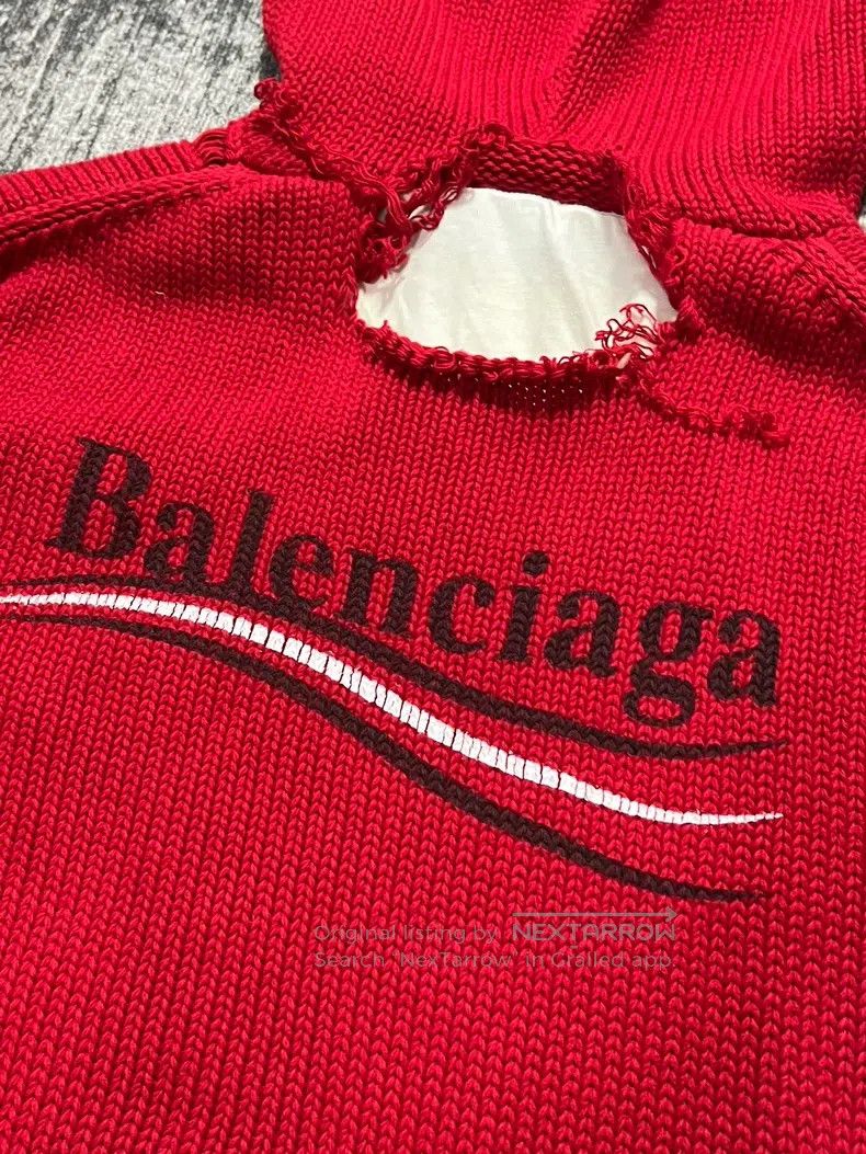 Balenciaga Balenciaga Red Coke Wave Destroyed Knit Sweater Faux Two-P Size US XS / EU 42 / 0 - 6 Thumbnail