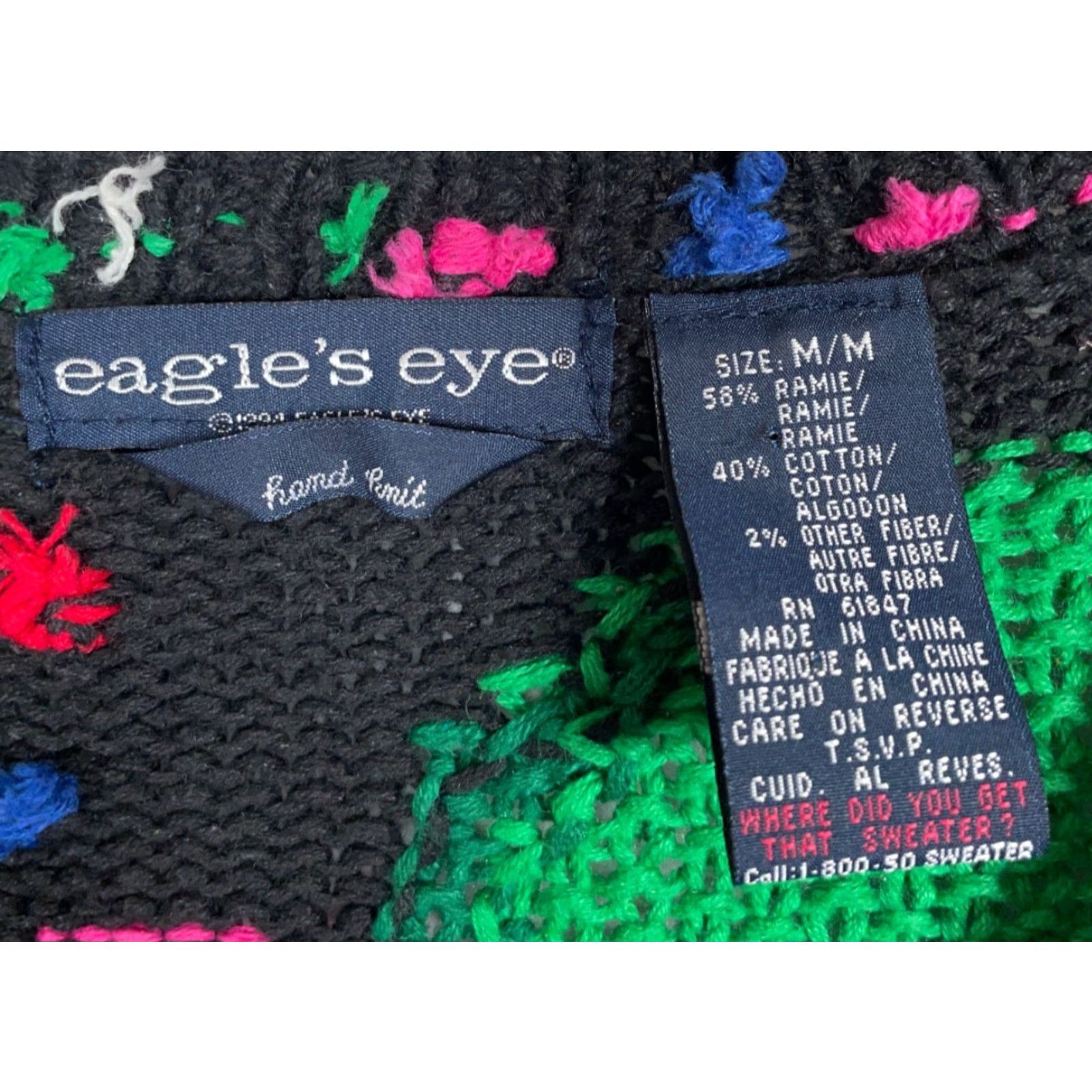 Vintage VINTAGE Eagle's Eye Cardigan Woman's Medium Black Hand Knit Crew Neck 90s Holiday Beaded Embroidered Sweater Girls/Womens? Size M / US 6-8 / IT 42-44 - 3 Thumbnail