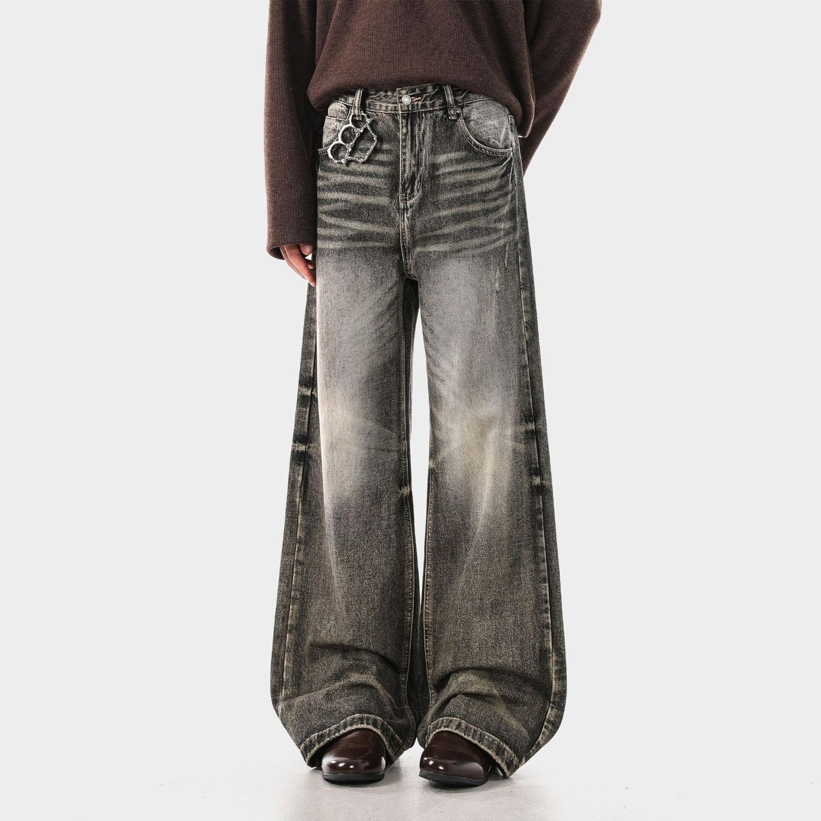 Vintage Black Distressed Wide Leg Jeans, Baggy Denim Pants Size US 32 / EU 48 - 3 Thumbnail