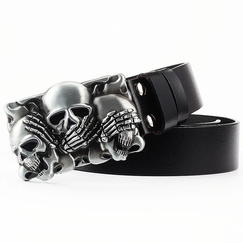 image of Tri Skull Face Buckle Skeleton Pu Leather Belt in Black, Men's
